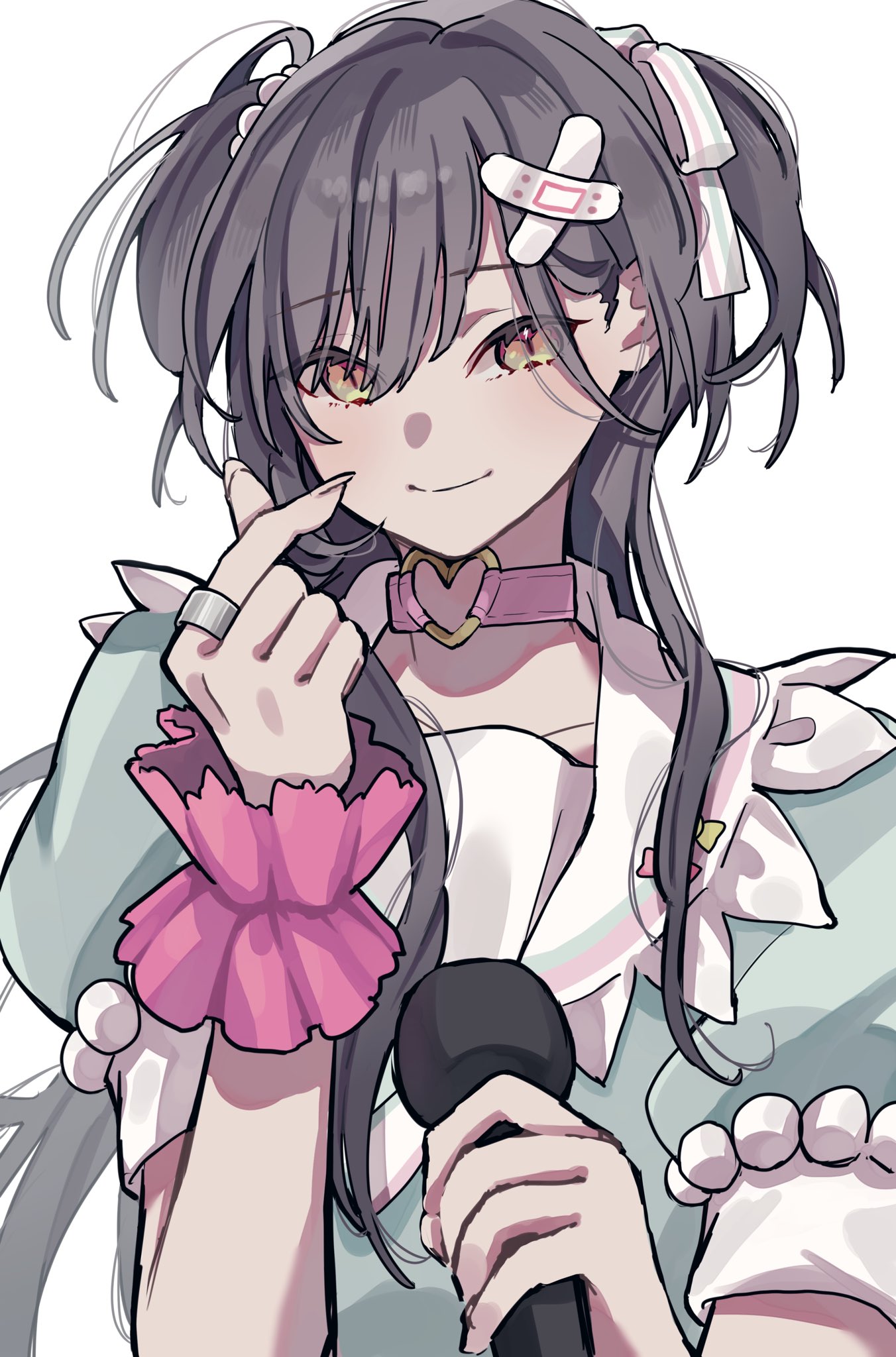 lilac (li lac 3), fujishima megumi, katsuragi izumi, link! like! love live!, love live!, highres, 1girl, aqua dress, black hair, choker, cosplay, dress, finger heart, fujishima megumi (cosplay), hakuchu a la mode, heart, heart o-ring, heart ring choker, holding, holding microphone, long hair, looking at viewer, microphone, o-ring, o-ring choker, orange eyes, pink choker, puffy short sleeves, puffy sleeves, sailor collar, sailor dress, short sleeves, simple background, slit pupils, smile, solo, two side up, upper body, virtual youtuber, white background, white sailor collar