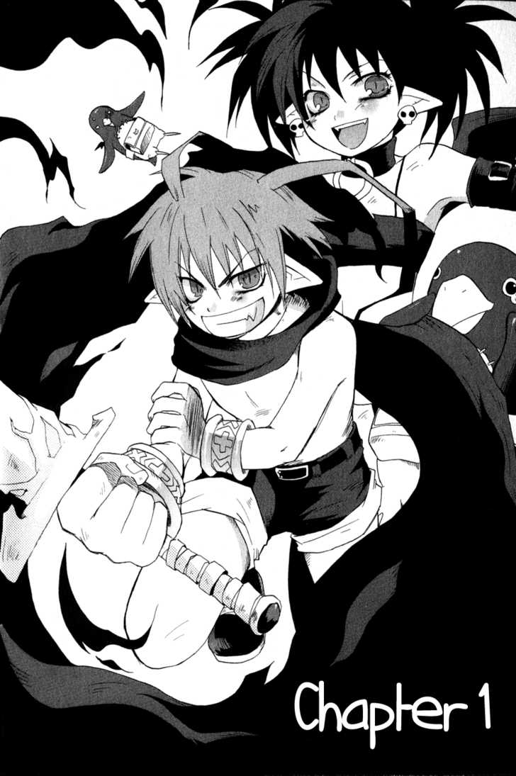 etna (disgaea), laharl, prinny, disgaea, makai senki disgaea, makai senki disgaea 2, makai senki disgaea 3, nippon ichi, 00s, 1boy, 1girl, demon, demon boy, demon girl, elbow gloves, gloves, greyscale, monochrome, pointy ears, skirt, smile, tail, thighhighs, twintails, wings