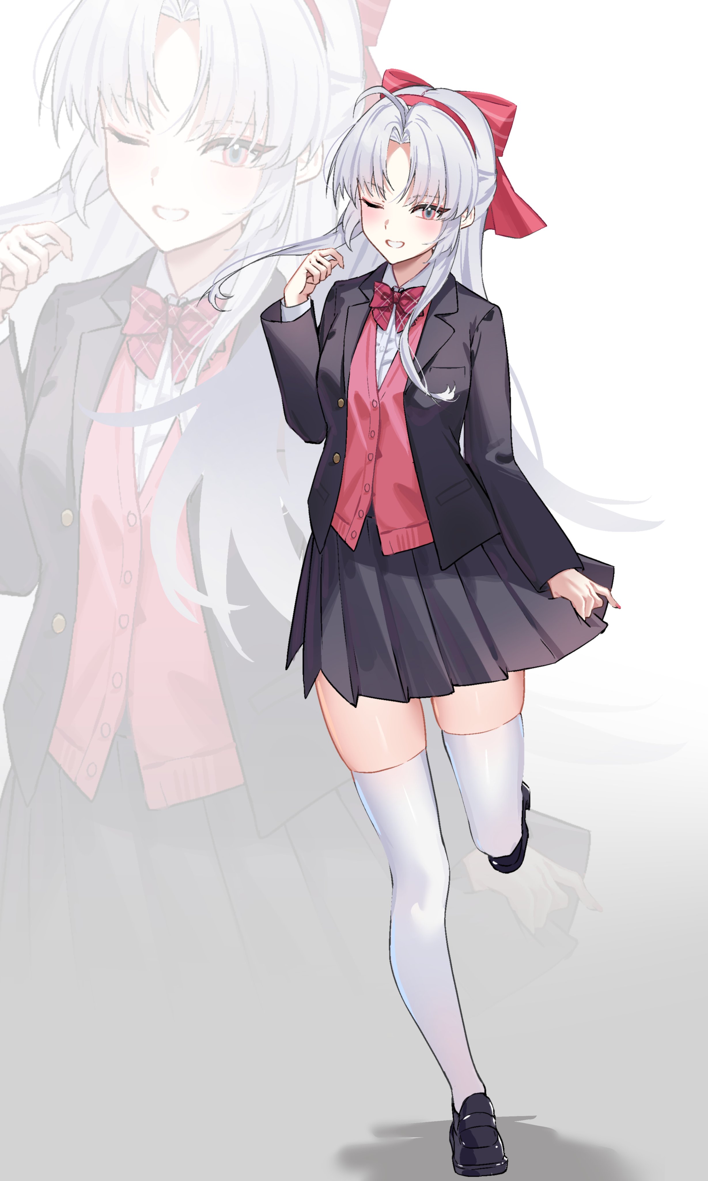 chamaru5963, carlotta (wuthering waves), wuthering waves, absurdres, commentary, highres, 1girl, ahoge, aqua eyes, black jacket, black shoes, black skirt, bow, bowtie, breasts, cardigan, grey hair, hair bow, hairband, hand up, jacket, light blush, loafers, long hair, long sleeves, looking at viewer, medium breasts, one eye closed, open clothes, open jacket, parted bangs, pink bow, pink bowtie, pink cardigan, pink hairband, shoes, sidelocks, skirt, smile, solo, striped bow, thighhighs, thighs, white thighhighs, zettai ryouiki, zoom layer