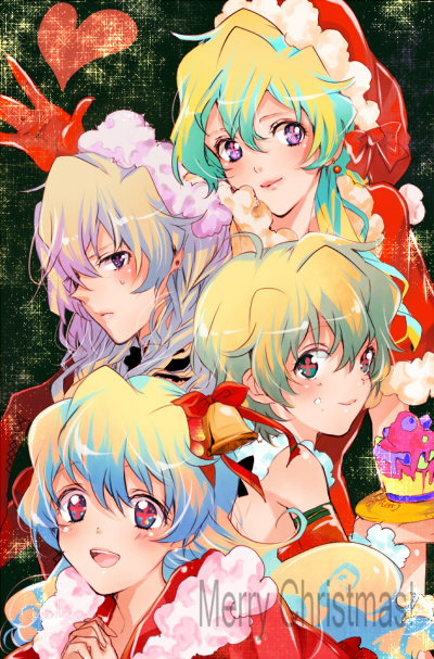 deirn, kiui, antispiral nia, nia teppelin, tengen toppa gurren lagann, bad id, bad pixiv id, + +, 00s, bell, blush, bow, christmas, cross-shaped pupils, glitter, hair bow, heart, multicolored hair, multiple persona, smile, symbol-shaped pupils