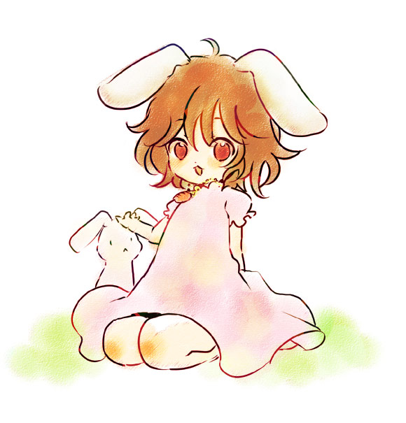 ica, inaba tewi, touhou, bad id, bad pixiv id, 1girl, animal ears, brown hair, dress, female focus, outdoors, plant, rabbit, rabbit ears, red eyes, short hair, sitting, solo, white background