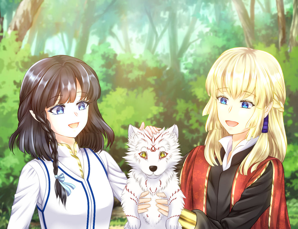 mesphiem, aredhel, celegorm, huan (silmarillion), the silmarillion, tolkien's legendarium, 1boy, 1girl, animal, black hair, blonde hair, blue eyes, blunt bangs, braid, cousins, elf, eyelashes, floating hair, forest, hand on another's head, holding, holding animal, looking at animal, looking at viewer, medium hair, nature, open mouth, outdoors, pointy ears, tree, upper body, white fur, yellow eyes