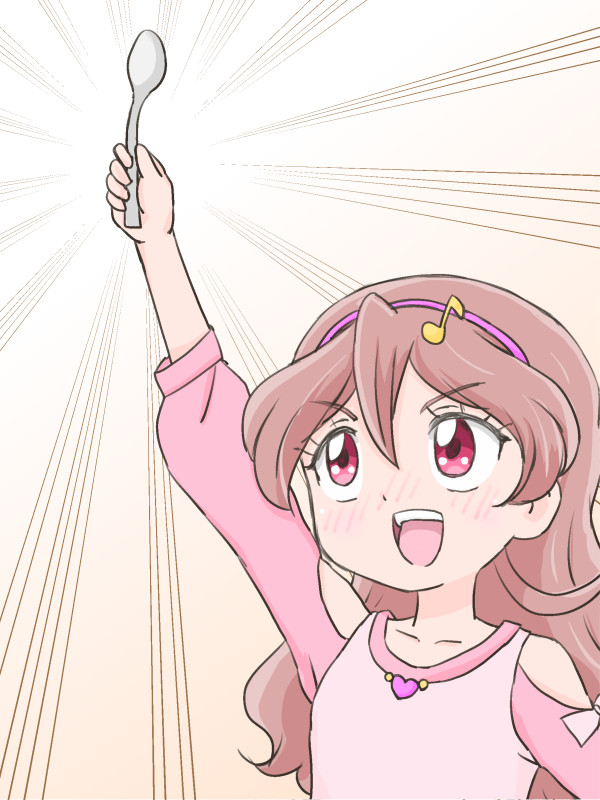 yoshimi50, sakura uta (precure), kimi to idol precure, precure, ultra series, ultraman (1st series), commentary, 1girl, :d, arm up, bare shoulders, blush, bow, brown background, brown hair, clothing cutout, collarbone, double-parted bangs, eighth note, emphasis lines, fortissimo, gradient background, hair between eyes, hair ornament, hairband, holding, holding spoon, long hair, long sleeves, musical note, musical note hair ornament, open mouth, parody, pink bow, pink hairband, pink shirt, red eyes, shirt, shoulder cutout, simple background, sleeve bow, smile, solo, spoon, teeth, three-quarter sleeves, two-tone background, upper body, upper teeth only, white background