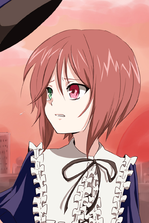 ica, souseiseki, rozen maiden, bad id, bad pixiv id, 00s, brown hair, hat, heterochromia, short hair, solo, tears