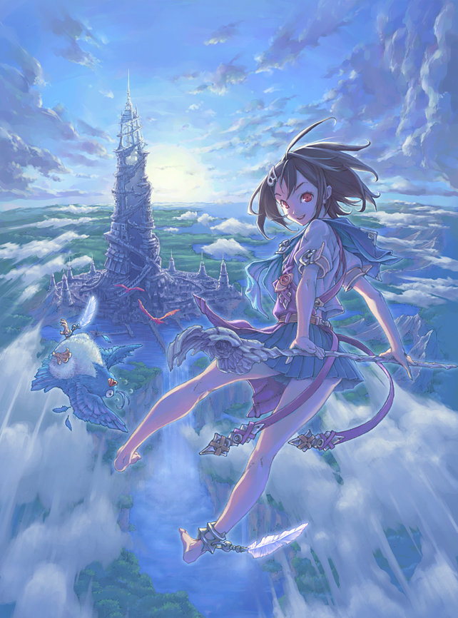 hisakata souji, original, anklet, barefoot, bird, brown hair, cloud, fantasy, feathers, flying, jewelry, morning, red eyes, scenery, short hair, sky, solo, staff, tower