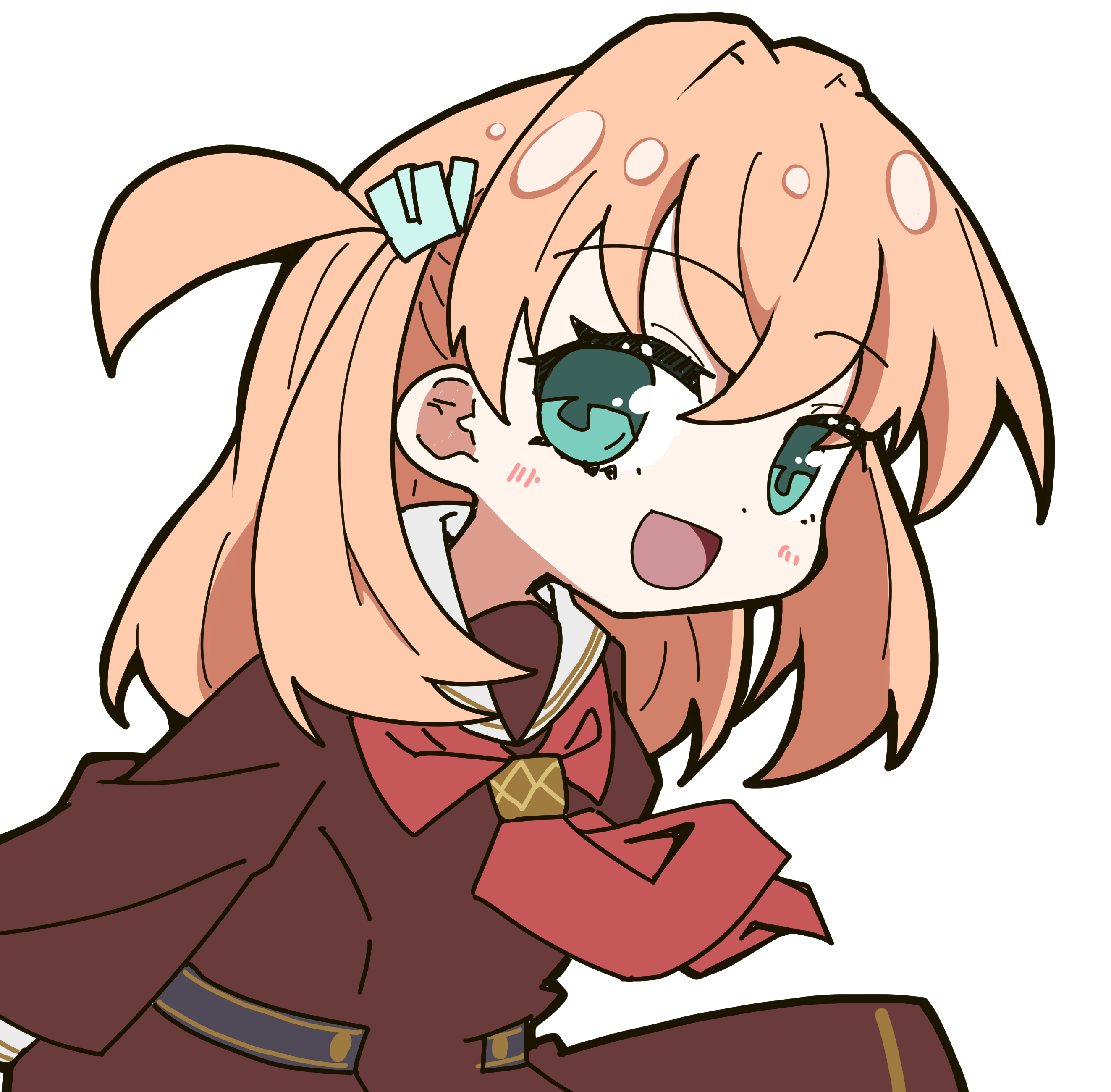 oofushi ao, hinoshita kaho, link! like! love live!, love live!, absurdres, commentary, highres, 1girl, :d, aqua eyes, arms behind back, blush, brown dress, deformed, dress, hair ornament, hasu no sora school uniform, long hair, long sleeves, looking at viewer, neckerchief, open mouth, orange hair, rabbit hair ornament, red neckerchief, sailor collar, sailor dress, school uniform, simple background, smile, solo, two side up, virtual youtuber, white background, white sailor collar, winter uniform