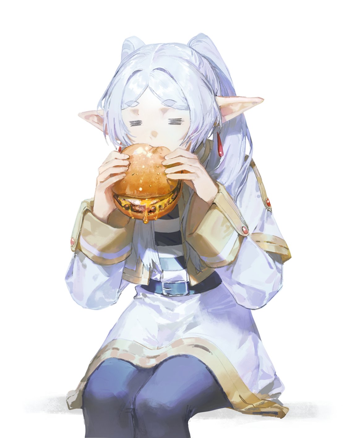 quasarcake, frieren, sousou no frieren, highres, 1girl, black pantyhose, burger, capelet, closed eyes, double-parted bangs, dress, earrings, eating, elf, food, holding, holding burger, holding food, jewelry, long hair, pantyhose, pointy ears, sidelocks, sitting, solo, twintails, white capelet, white dress, white hair