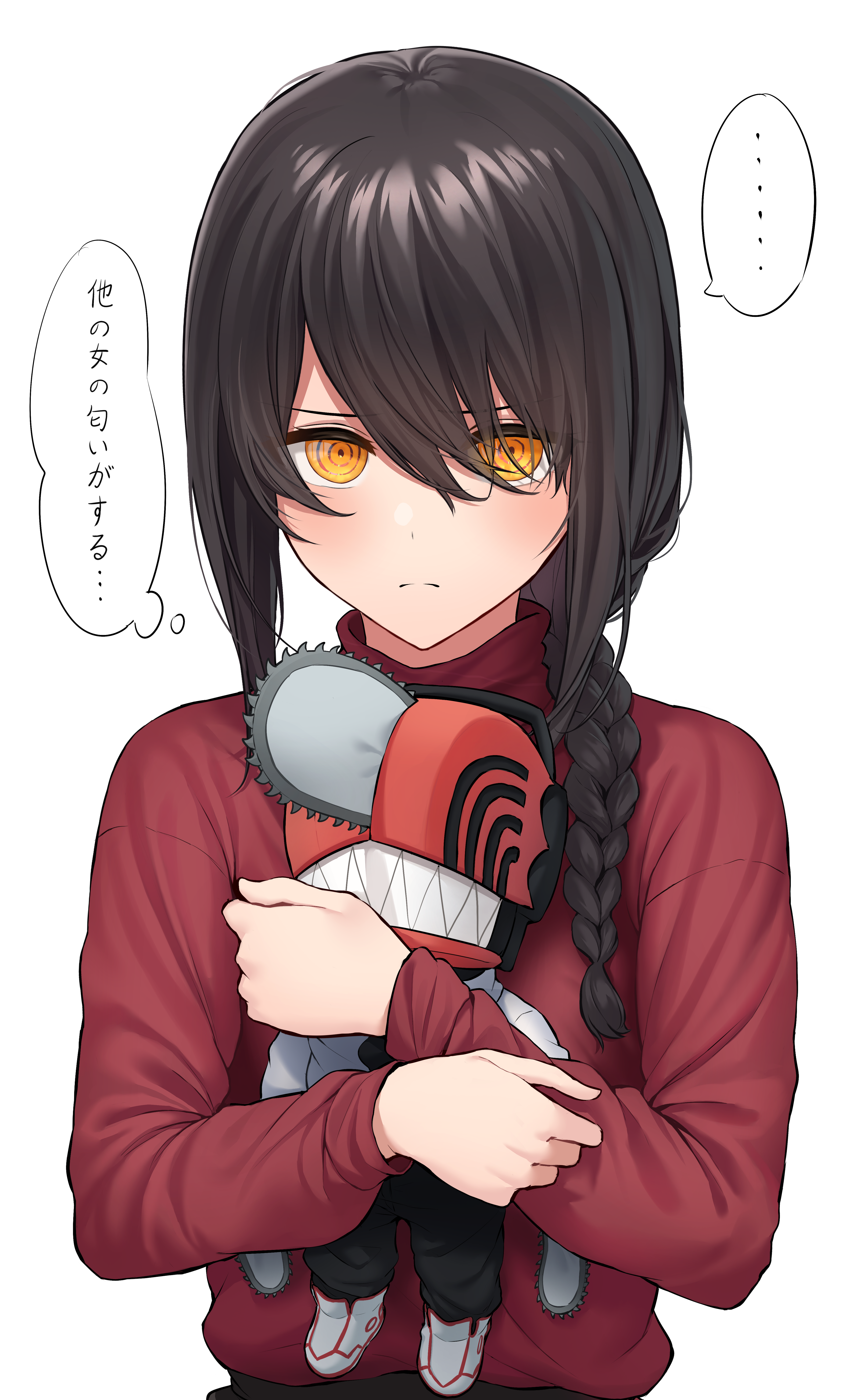 hukahito, denji (chainsaw man), nayuta (chainsaw man), chainsaw man, absurdres, commentary request, highres, partial commentary, translation request, …, 1girl, black hair, blush, braid, braided ponytail, character doll, doll, hugging doll, hugging object, long hair, long sleeves, looking at viewer, red shirt, ringed eyes, shirt, sidelocks, simple background, solo, speech bubble, spoken ellipsis, thought bubble, upper body, white background, yellow eyes