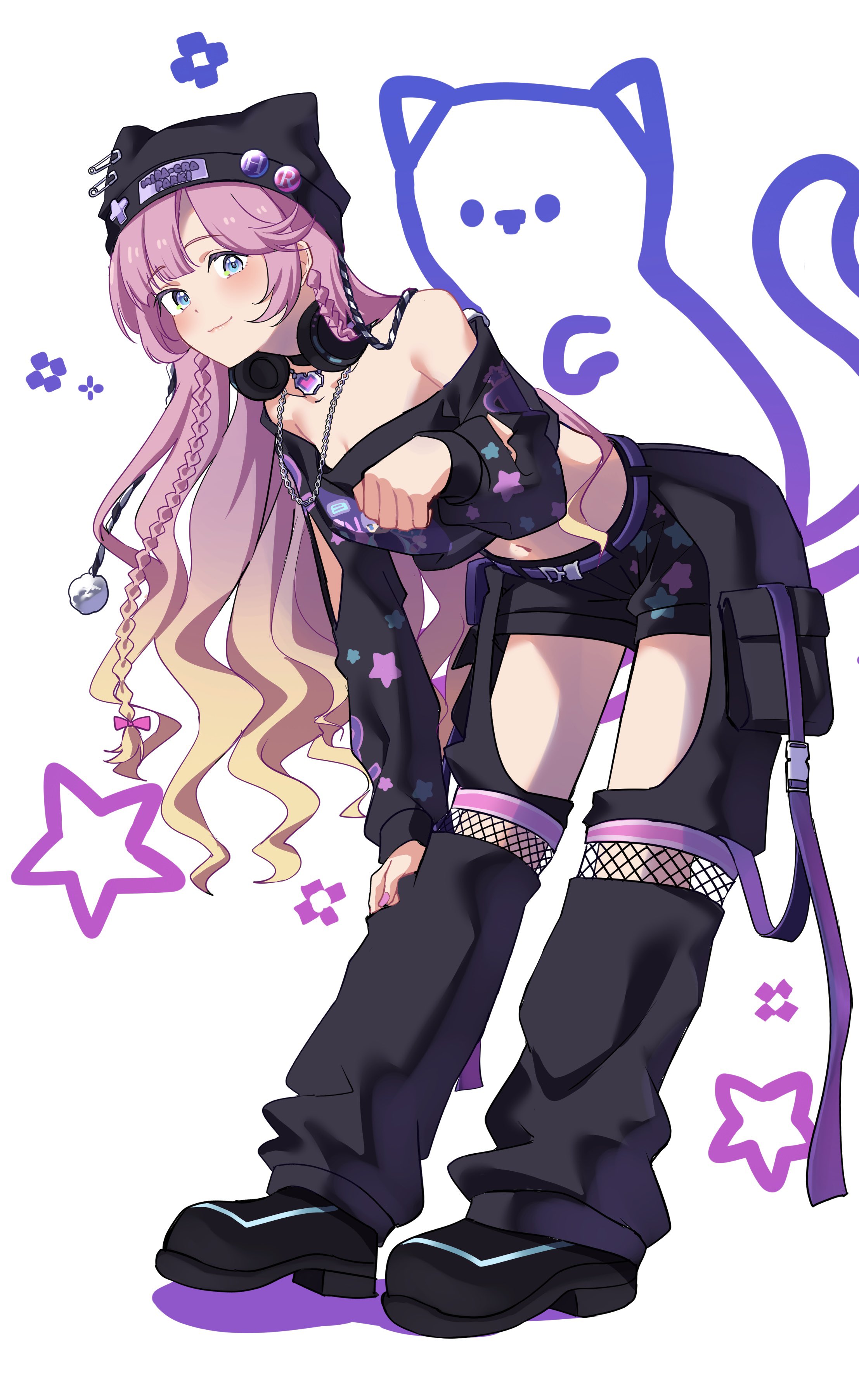 89ru0, anyoji hime, link! like! love live!, love live!, absurdres, commentary, highres, 1girl, bare shoulders, beanie, bent over, black hat, black shirt, black shorts, blonde hair, braid, breasts, cat, cleavage, crotchless, crotchless pants, gradient hair, hand on own knee, hat, headphones, headphones around neck, long hair, long sleeves, looking at viewer, midriff, multicolored hair, navel, nyao signyal, nyao signyal cat, off-shoulder shirt, off shoulder, official alternate costume, pants, paw pose, pink hair, shirt, shorts, side braids, star (symbol), very long hair, virtual youtuber, wavy hair, white background