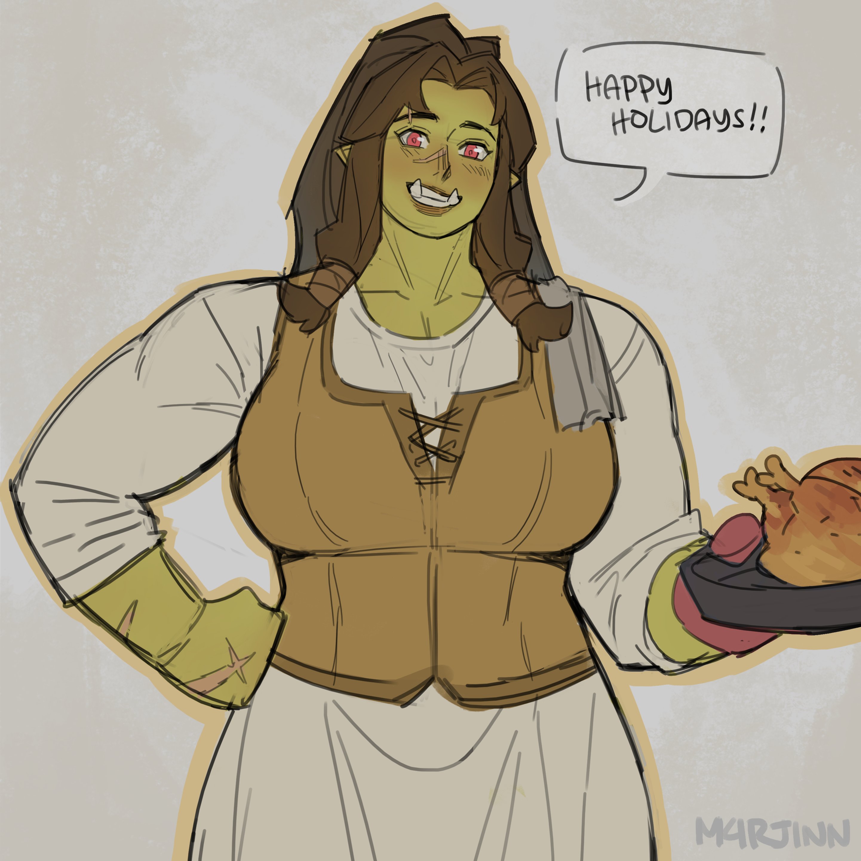 m4rjinn, original, absurdres, commentary, english commentary, highres, 1girl, artist name, blush, breasts, brown hair, brown vest, chicken (food), collarbone, colored skin, cowboy shot, dress, english text, fangs, female orc, food, fraeya (m4rjinn), green skin, grey background, hand on own hip, holding, holding plate, large breasts, lips, long hair, looking at viewer, muscular, muscular female, nose, open mouth, orc, outline, plate, pointy ears, red eyes, scar, scar across eyebrow, scar on arm, scar on face, scar on hand, smile, solo, speech bubble, towel, towel on one shoulder, vest, white dress, yellow outline