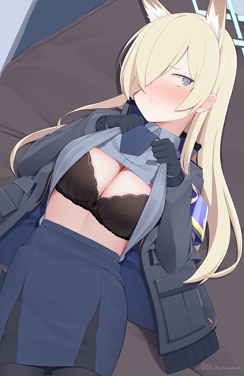 befu, kanna (blue archive), blue archive, highres, 1girl, animal ears, blonde hair, blue eyes, bra, breasts, cleavage, dog ears, dog girl, hair over one eye, large breasts, long hair, lying, midriff, on back, open clothes, police, police uniform, policewoman, skirt, underwear