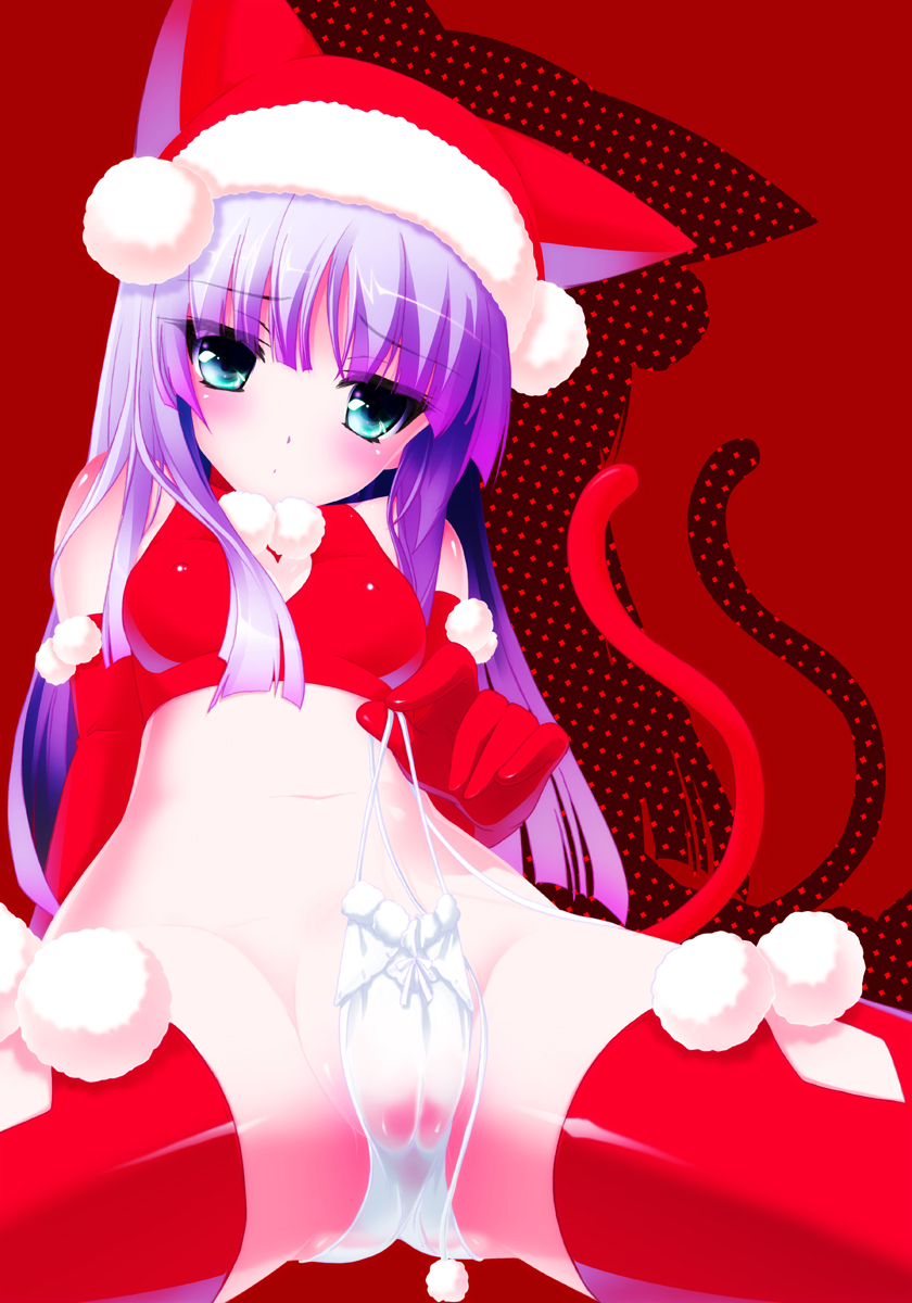 hinasaki you, original, highres, 1girl, animal ears, blue eyes, breasts, cameltoe, cat ears, cat tail, christmas, covered erect nipples, elbow gloves, female focus, gloves, hat, long hair, panties, purple hair, santa costume, side-tie panties, sitting, small breasts, solo, tail, thighhighs, underwear