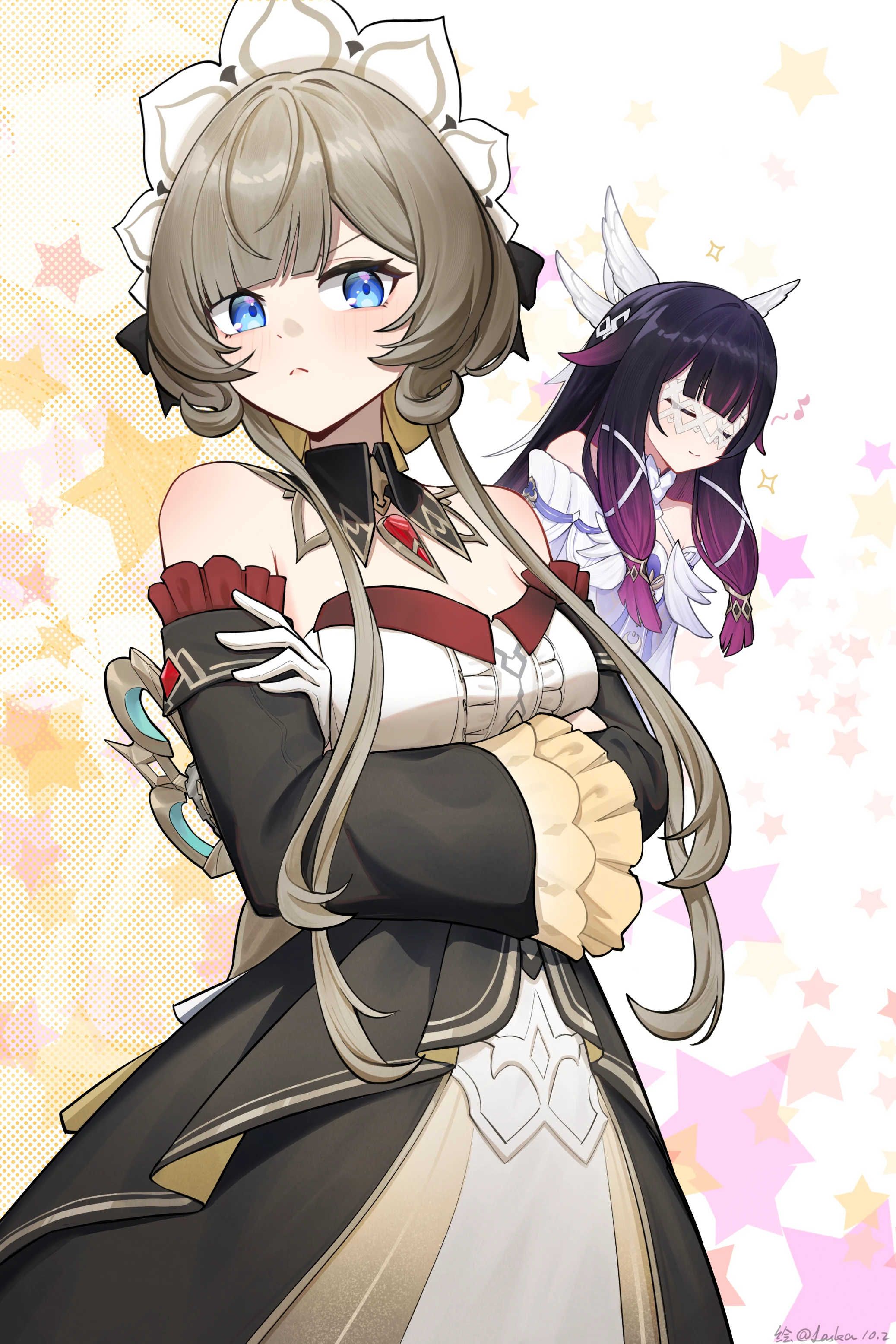 laska (572124034), columbina (genshin impact), sandrone (genshin impact), genshin impact, ore no imouto ga konna ni kawaii wake ga nai, absurdres, highres, 2girls, artist name, bare shoulders, black dress, black hair, blue eyes, blunt bangs, blush, breasts, brown hair, can't be this cute, cleavage, closed eyes, closed mouth, crossed arms, detached collar, detached sleeves, dress, frilled sleeves, frills, frown, gloves, hair ornament, head wings, long hair, long sleeves, looking at viewer, low-tied sidelocks, medium breasts, multicolored hair, multiple girls, parody, pink hair, purple hair, sidelocks, star (symbol), white dress, white gloves, wide sleeves, wing hair ornament, wings