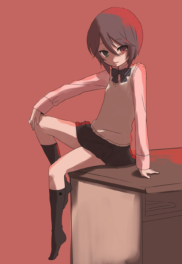 ica, souseiseki, rozen maiden, bad id, bad pixiv id, 00s, brown hair, heterochromia, long sleeves, short hair, sitting, skirt, socks, solo, table