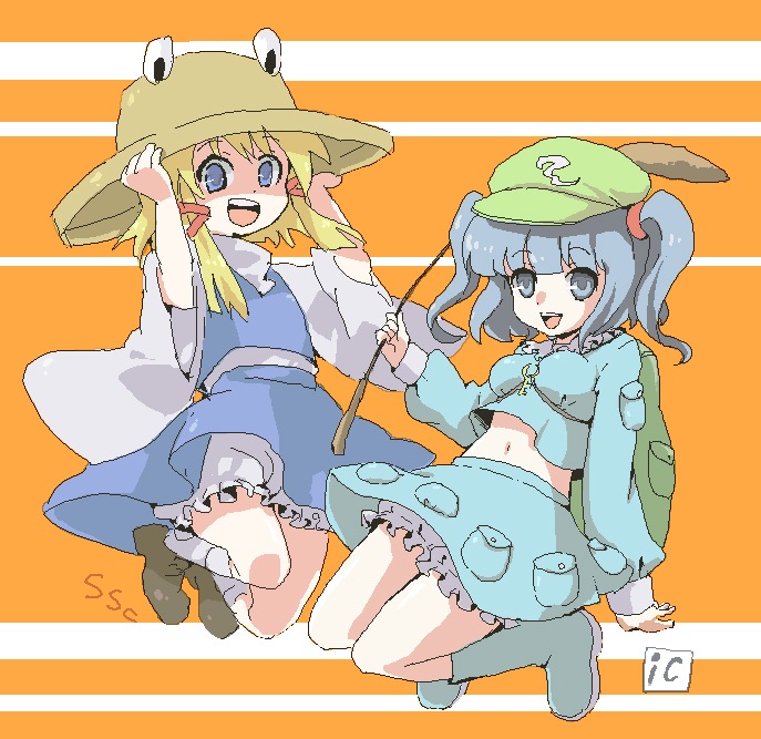 ica, kawashiro nitori, moriya suwako, touhou, bad id, bad pixiv id, 2girls, backpack, bag, blonde hair, bloomers, blue eyes, blue hair, boots, female focus, hand on headwear, hat, key, midriff, multiple girls, navel, oekaki, randoseru, reeds, short hair, two side up, underwear, white bloomers