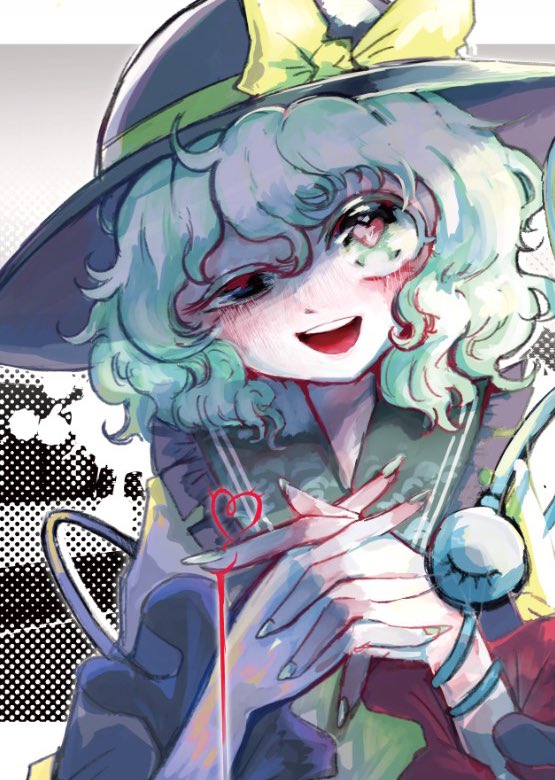 yuruakioekaki, komeiji koishi, touhou, 1girl, black hat, eyeball, frilled shirt collar, frilled sleeves, frills, green eyes, green hair, hat, hat ribbon, heart, heart-shaped pupils, interlocked fingers, ribbon, shirt, smile, symbol-shaped pupils, third eye, wide sleeves, yellow ribbon, yellow shirt