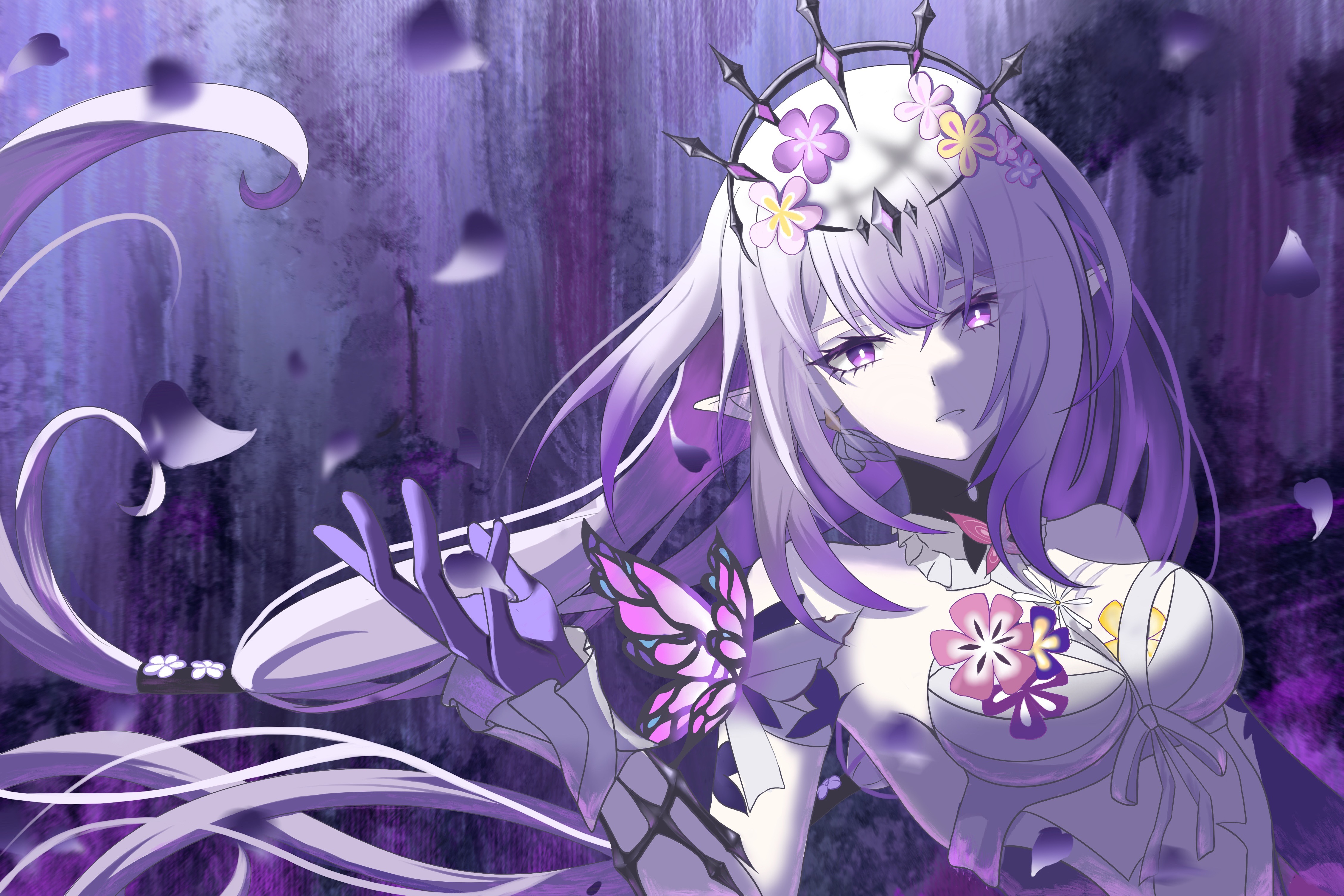 castorice (honkai: star rail), honkai: star rail, honkai (series), absurdres, chinese commentary, commentary request, highres, 1girl, bare shoulders, black tiara, breasts, dress, falling petals, flower, gloves, hair flower, hair ornament, hehe baxianguohai zhong, long hair, medium breasts, petals, pointy ears, purple eyes, purple gloves, purple hair, solo, tiara, very long hair, white dress