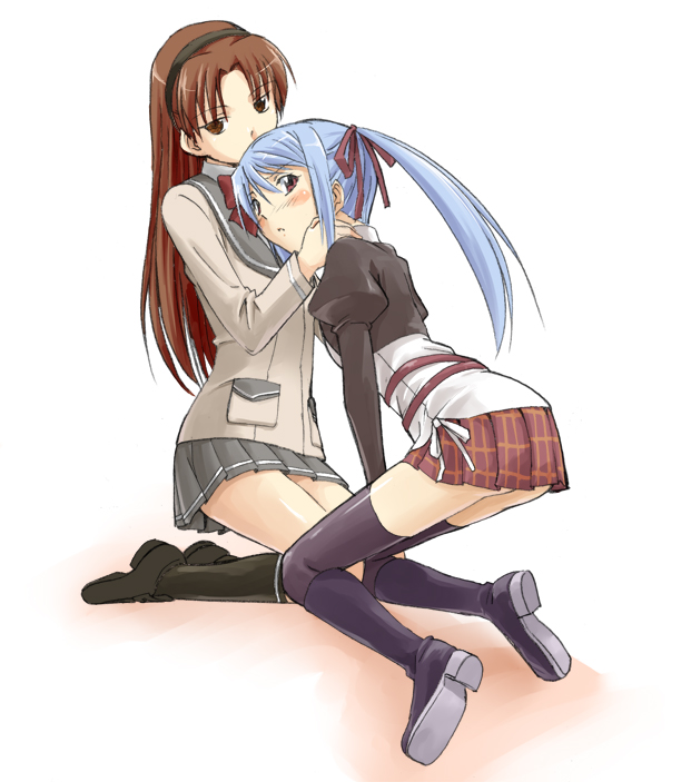 marumi, amatsuka hikaru, amatsuka tsurara, baby princess, 10s, 2girls, ass, blue hair, brown eyes, brown hair, multiple girls, school uniform, simple background, skirt, thighhighs