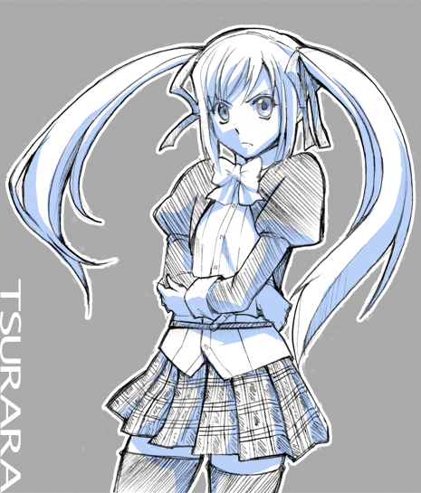 marumi, amatsuka tsurara, baby princess, 10s, 1girl, blue theme, crossed arms, female focus, grey background, juliet sleeves, long sleeves, looking at viewer, monochrome, puffy sleeves, sidelocks, simple background, solo, standing, thighhighs, twintails, zettai ryouiki