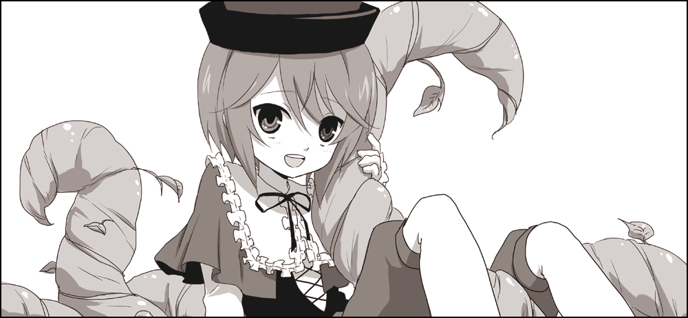 ica, souseiseki, rozen maiden, bad id, bad pixiv id, 00s, 1girl, female focus, greyscale, hat, hugging object, monochrome, plant, short hair, sitting, smile, solo, vines