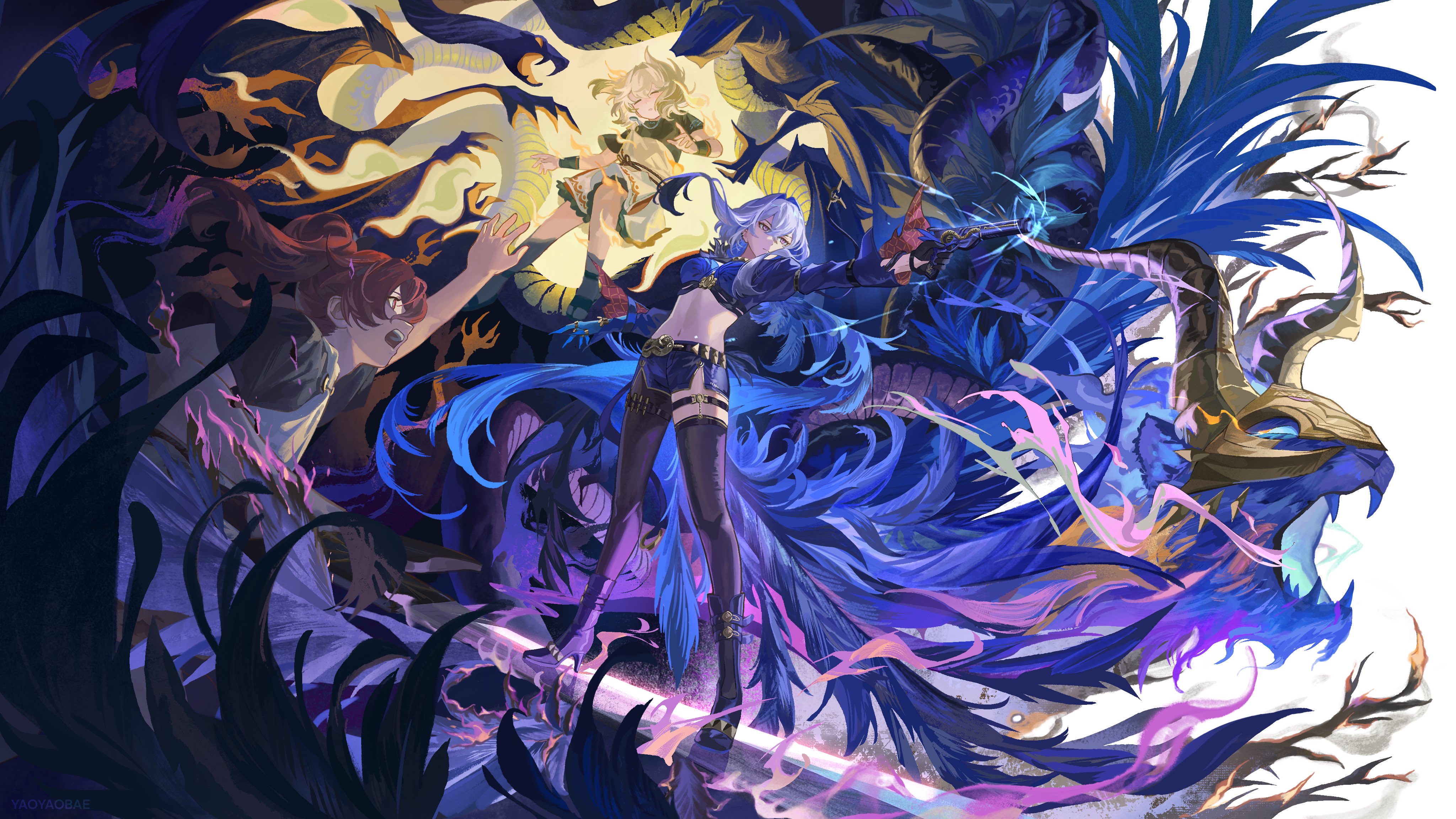 yaoyaobae, augusta (wuthering waves), galbrena (wuthering waves), wuthering waves, absurdres, commentary, english commentary, highres, 2girls, aged down, aiming, black gloves, black jacket, black pantyhose, black shorts, black thighhighs, blue bra, bra, gloves, grey hair, gun, holding, holding gun, holding weapon, jacket, looking ahead, multiple girls, navel, pantyhose, purple eyes, shorts, single leg pantyhose, single thighhigh, stomach, tacet discord (wuthering waves), thighhighs, underwear, weapon