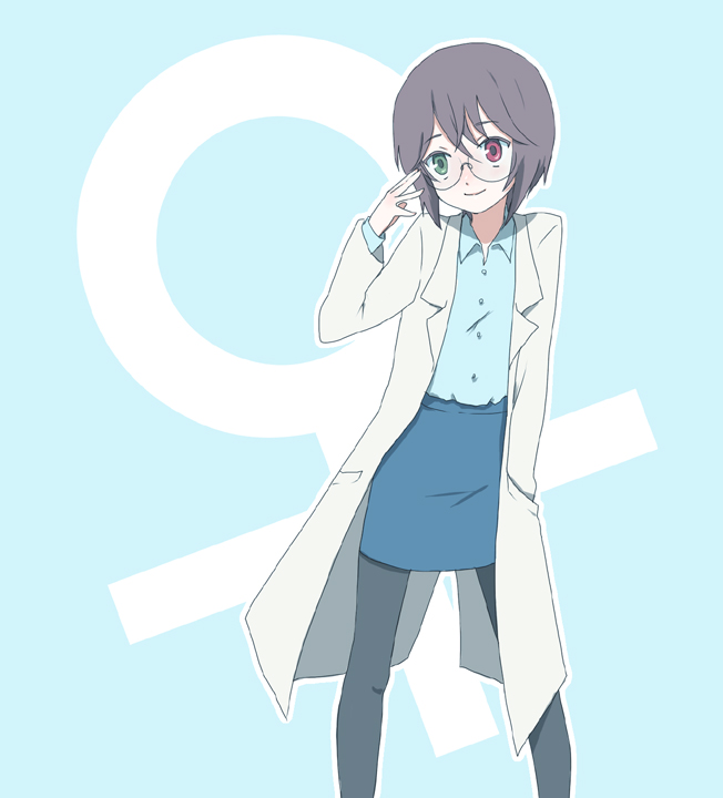 ica, souseiseki, rozen maiden, bad id, bad pixiv id, 00s, 1girl, alternate costume, bespectacled, brown hair, coat, female focus, glasses, hand in pocket, heterochromia, lab coat, pantyhose, pencil skirt, short hair, skirt, smile, solo