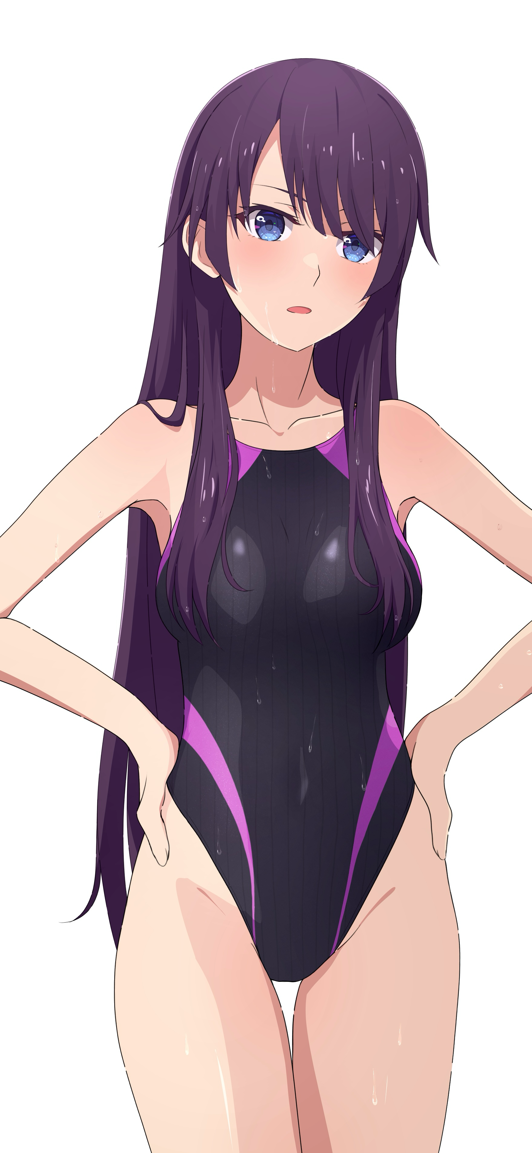 na-suke, senjougahara hitagi, monogatari (series), absurdres, highres, 1girl, black one-piece swimsuit, blue eyes, breasts, collarbone, hands on own hips, long hair, looking at viewer, medium breasts, one-piece swimsuit, open mouth, purple hair, simple background, solo, straight hair, swimsuit, thigh gap, thighs, very long hair, wet, white background