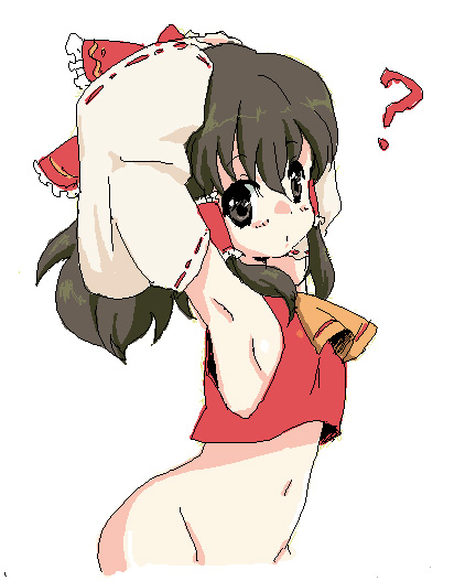 ica, hakurei reimu, touhou, bad id, bad pixiv id, 1girl, ?, armpits, bottomless, breasts, brown eyes, brown hair, detached sleeves, female focus, groin, hair tubes, japanese clothes, miko, sideboob, small breasts, solo