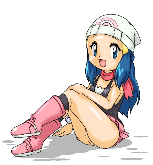 dawn (pokemon), nintendo, pokemon, pokemon (anime), pokemon dppt (anime), 1girl, blue hair, female focus, long hair, looking at viewer, no panties, open mouth, pussy, sitting, skirt, solo, white background