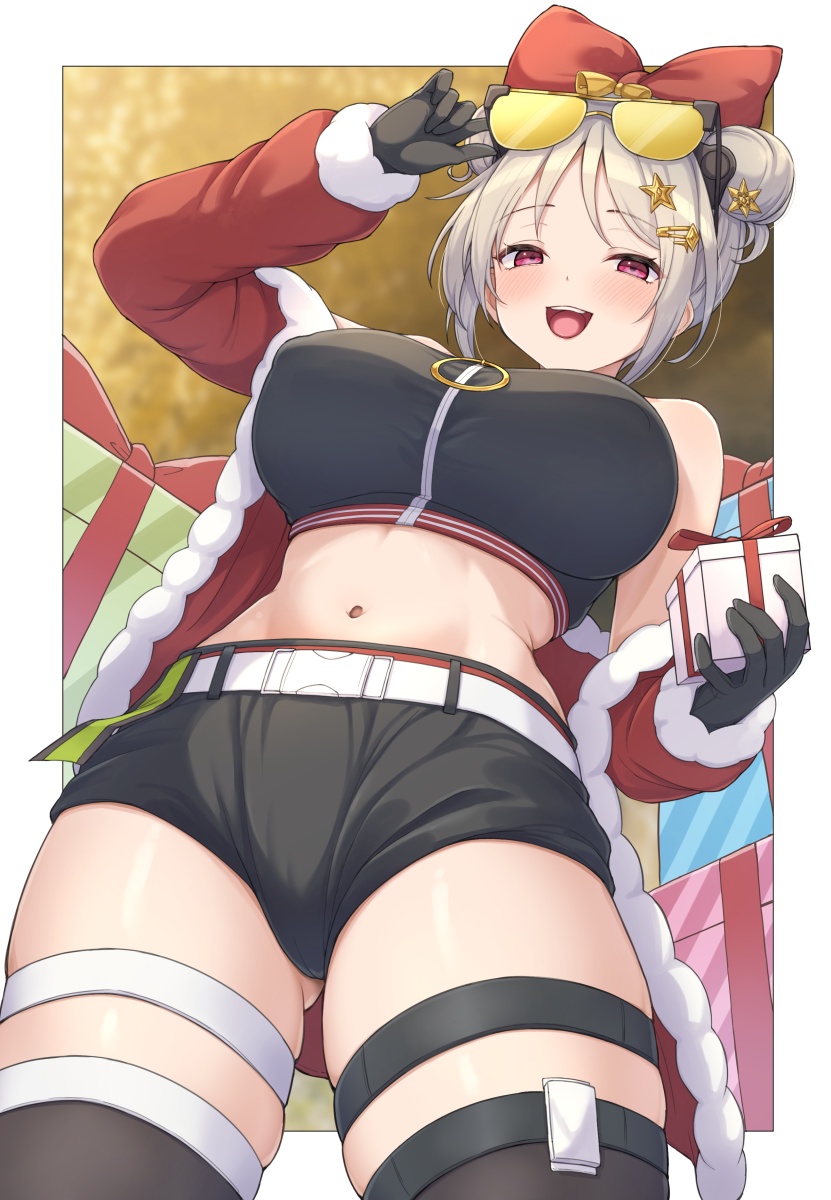 shun (b.c), p90 (girls' frontline), girls' frontline, commentary request, highres, 1girl, :d, belt, black gloves, blush, box, breasts, brown hair, double bun, eyewear on head, from below, gift, gift box, gloves, gluteal fold, hair bun, holding, holding gift, jacket, looking at viewer, midriff, navel, open mouth, red eyes, short hair, smile, solo, standing, stomach, sunglasses, teeth, thigh strap, thighs, tinted eyewear, tongue, upper teeth only, white belt, yellow-tinted eyewear