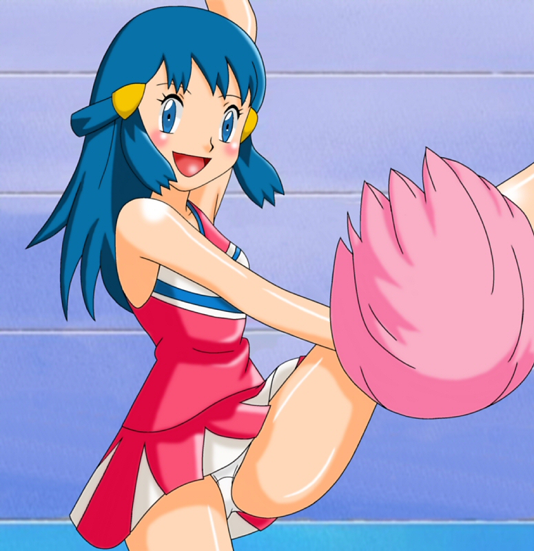denimuso, dawn (pokemon), nintendo, pokemon, 1girl, blue eyes, blue hair, blush, cheerleader, female focus, loli, matching hair/eyes, open mouth, panties, pantyshot, pom pom (cheerleading), skirt, smile, solo, underwear, white panties