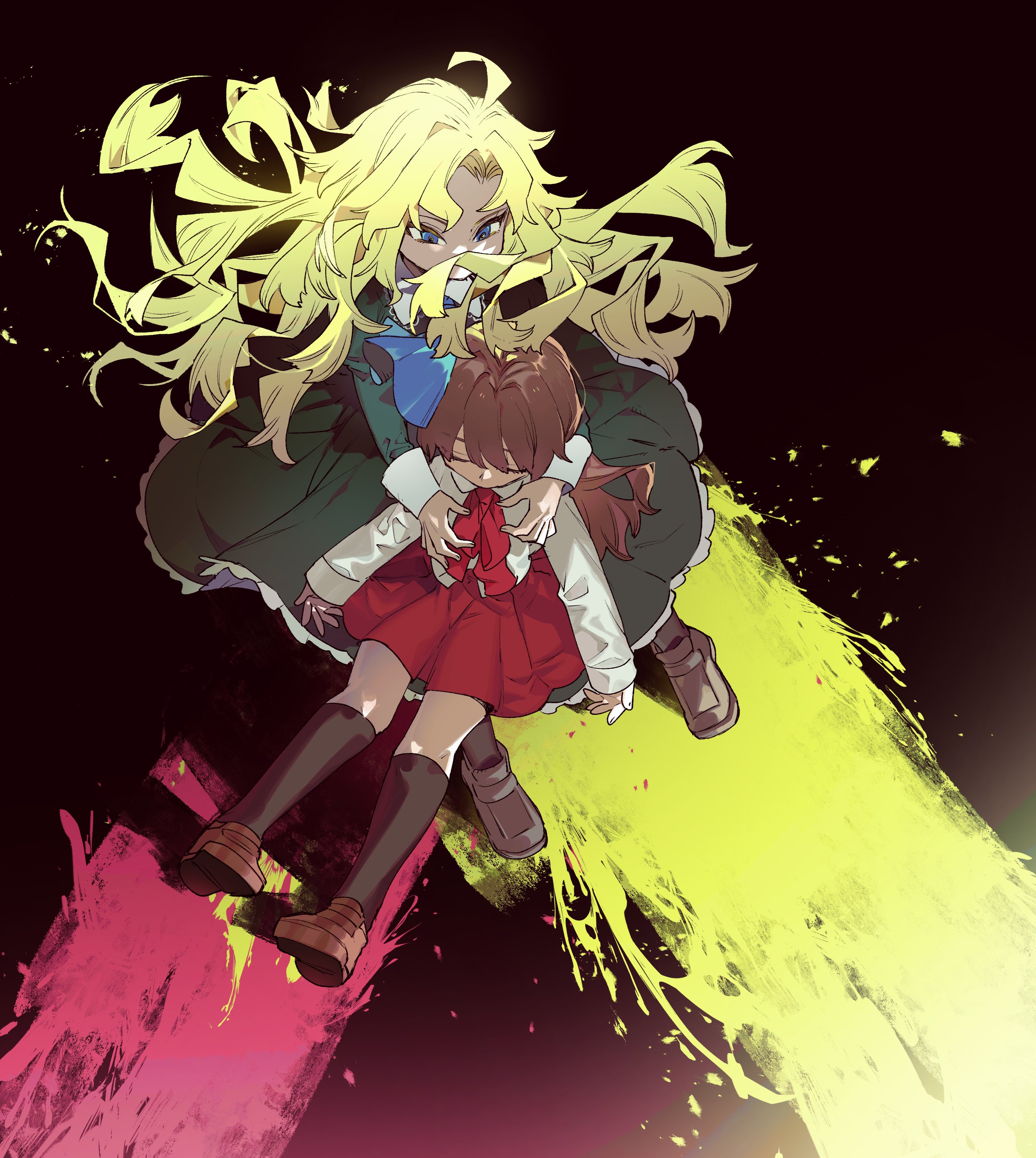 newo (shinra-p), ib (ib), mary (ib), ib (kouri), absurdres, highres, 2girls, ahoge, ascot, black socks, blonde hair, blue eyes, brown hair, closed eyes, dress, from above, green dress, kneehighs, long hair, long sleeves, multiple girls, shirt, sitting, skirt, socks, splatter, very long hair
