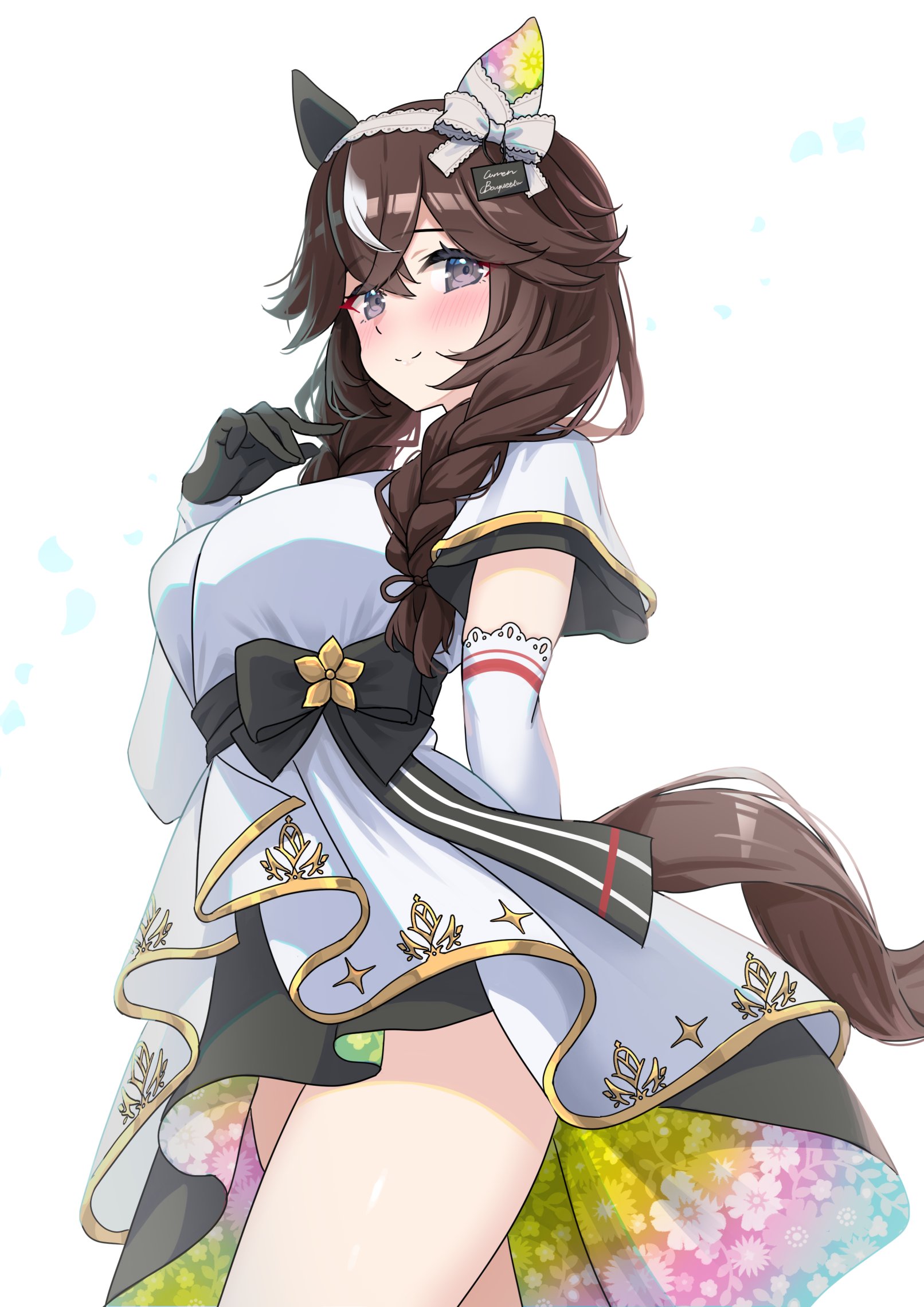 kibihimi, curren bouquetd'or (umamusume), umamusume, commentary request, highres, 1girl, animal ears, arm behind back, blush, braid, brown hair, brown tail, closed mouth, crossed bangs, grey eyes, hair between eyes, hairband, horse ears, horse girl, horse tail, long hair, looking at viewer, simple background, smile, solo, tail, thighs, twin braids, white background, white streaks