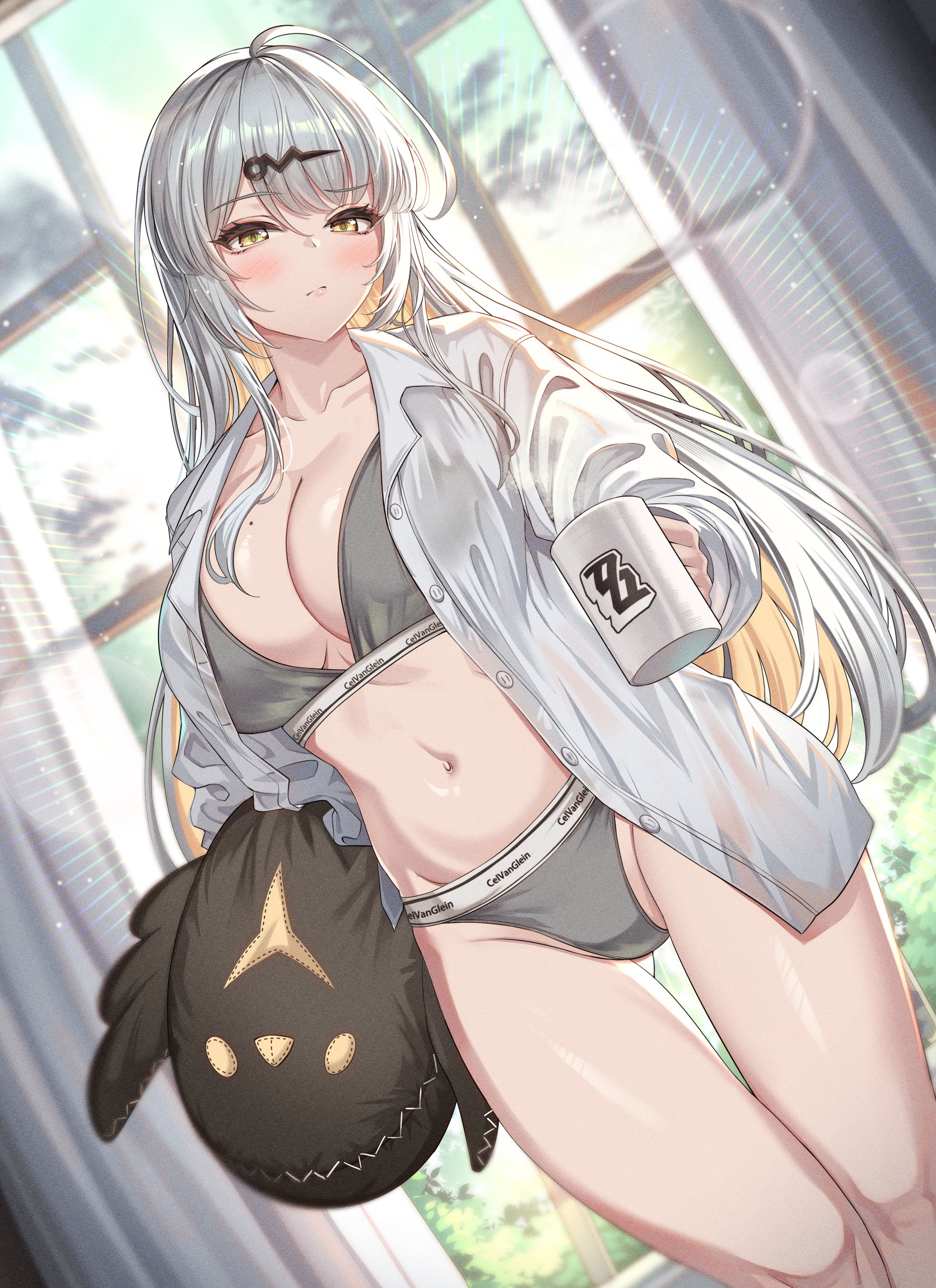 cenangam, yixuan (zenless zone zero), calvin klein, zenless zone zero, highres, 1girl, ahoge, bird, black bird, blonde hair, bra, breasts, clothes writing, cup, grey panties, grey sports bra, hair ornament, holding, holding cup, holding stuffed toy, indoors, jacket, large breasts, long hair, looking at viewer, mole, mole on breast, multicolored hair, navel, panties, shirt, solo, sports bra, stomach, stuffed animal, stuffed toy, sunrise, underwear, underwear writing, white hair, window, yellow eyes