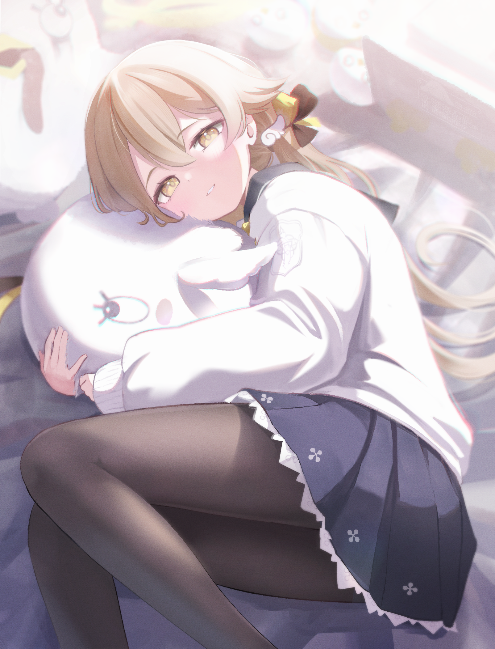 gaarya, hifumi (blue archive), peroro (blue archive), blue archive, commentary, highres, 1girl, black pantyhose, blue skirt, brown hair, cardigan, closed mouth, hugging object, long hair, long sleeves, looking at viewer, lying, miniskirt, on side, pantyhose, pleated skirt, puffy long sleeves, puffy sleeves, skirt, solo, stuffed animal, stuffed toy, twintails, white cardigan, yellow eyes