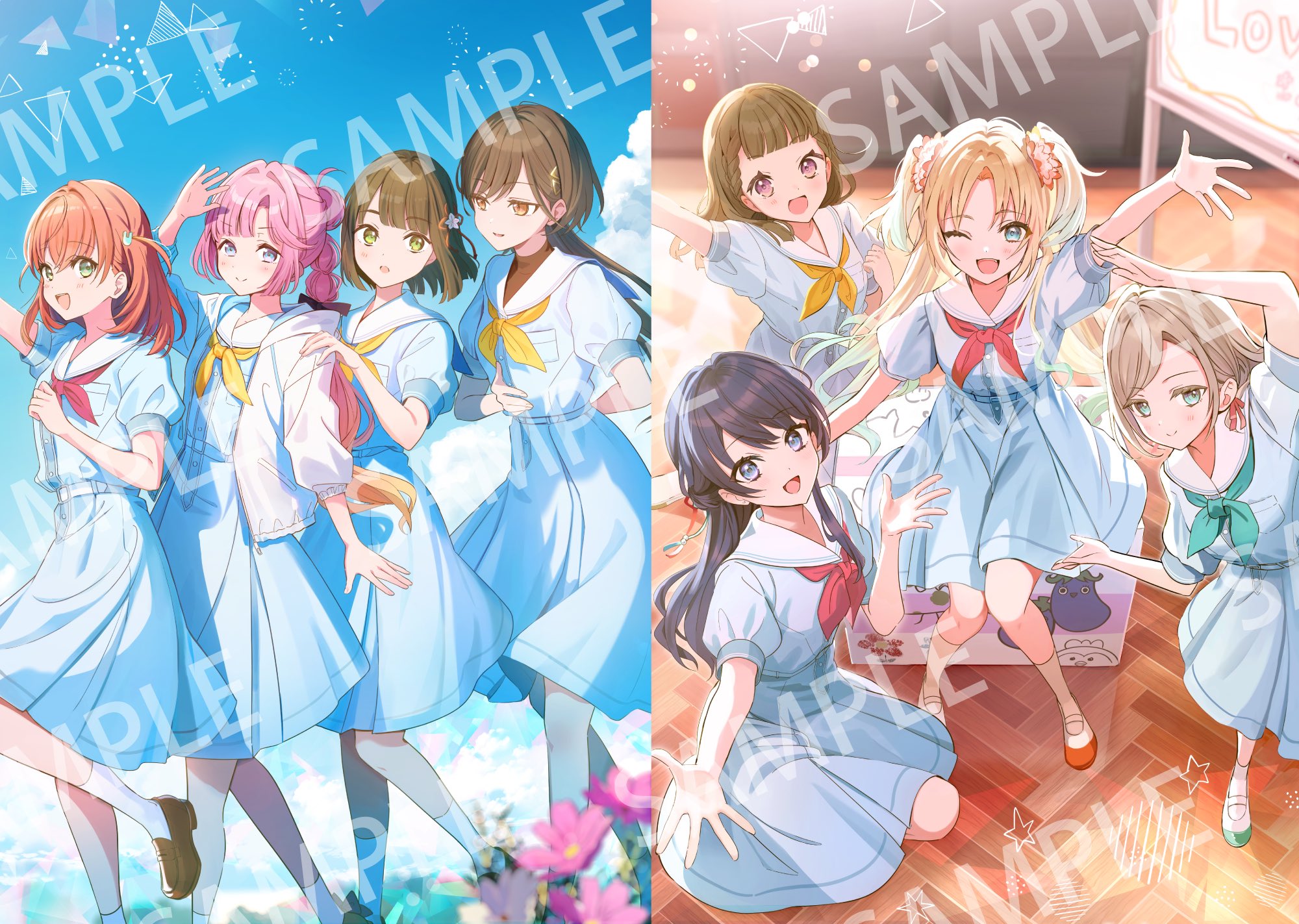 yukimaru nun, anyoji hime, ceras yanagida lilienfeld, hinoshita kaho, kachimachi kosuzu, katsuragi izumi, momose ginko, murano sayaka, osawa rurino, link! like! love live!, love live!, check commentary, commentary request, highres, official art, 5th live tour ~4pair power spread!!!!~, 6+girls, ;d, ahoge, aqua neckerchief, aqua shoes, black hair, black ribbon, blonde hair, blue dress, blue eyes, blue hair, blunt bangs, blunt ends, bob cut, box, braid, breast pocket, breasts, brown hair, brown shoes, butler bowing, cardboard box, center-flap bangs, closed mouth, dress, fang, flower, flower knot, gradient hair, green eyes, grey hair, hair flower, hair intakes, hair ornament, hair ribbon, half up braid, half updo, hasu no sora school uniform, indoors, jellyfish cut, leg up, loafers, long hair, looking at viewer, medium dress, medium hair, multi-tied hair, multicolored hair, multiple girls, neckerchief, on box, one eye closed, open mouth, orange eyes, orange hair, osawa rurino's cardboard box, outdoors, pink eyes, pink flower, pink hair, pink ribbon, pleated dress, pocket, ponytail, princes (love live!), puffy short sleeves, puffy sleeves, rabbit hair ornament, red neckerchief, red shoes, ribbon, ruri&to (love live!), sailor collar, sailor dress, sample watermark, school uniform, shoes, short hair, short sleeves, side braids, sidelocks, sitting, sitting on box, smile, split mouth, squatting, standing, summer uniform, triangle hair ornament, turtleneck, two side up, uwabaki, virtual youtuber, watermark, watermark grid, white sailor collar, whiteboard, winter uniform, yellow neckerchief
