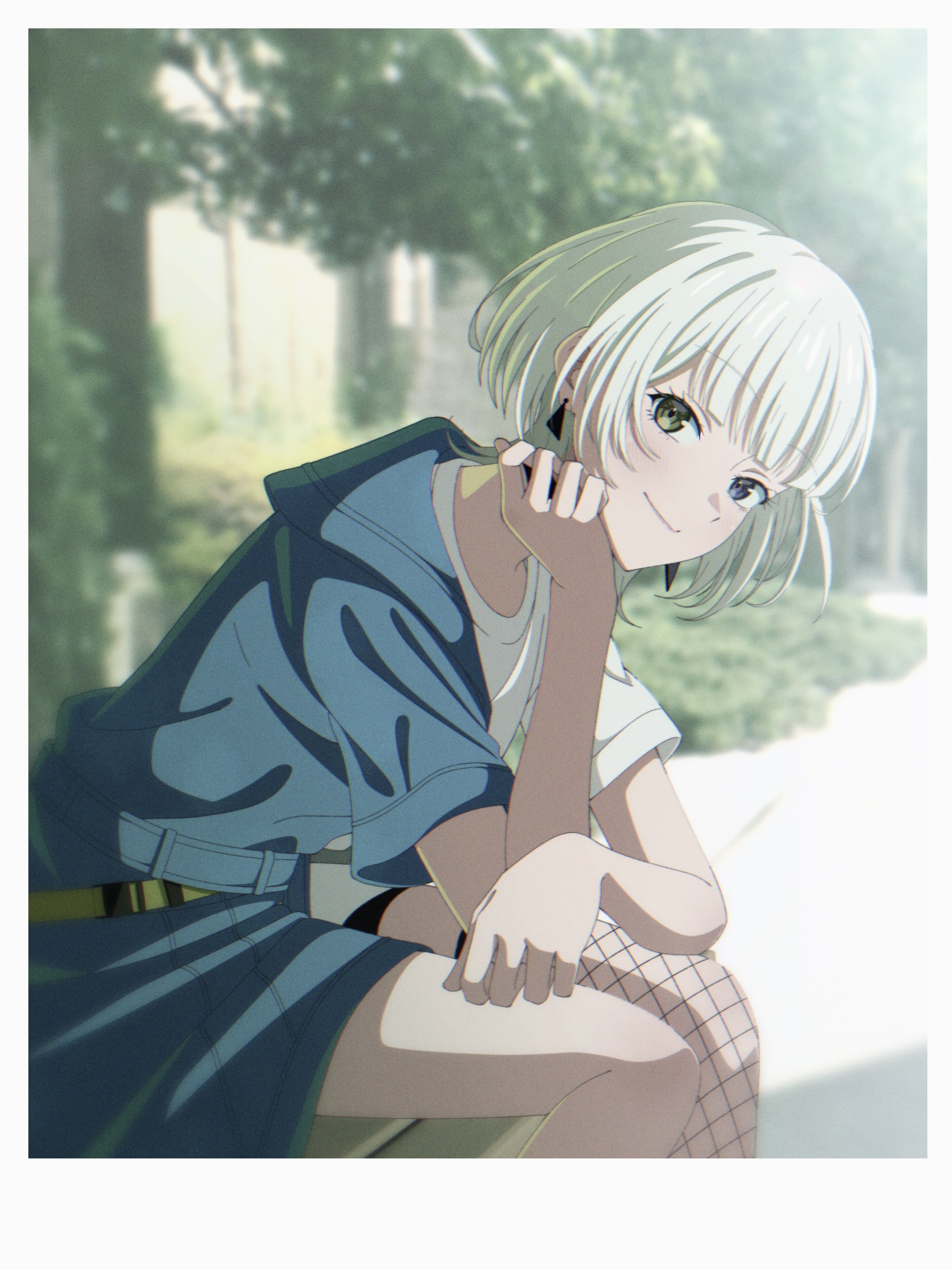 yasou0049, kaname raana, bang dream!, bang dream! it's mygo!!!!!, absurdres, commentary, highres, 1girl, black shorts, blue eyes, blurry, blurry background, blush, closed mouth, day, earrings, fake photograph, fishnet thighhighs, fishnets, heterochromia, jewelry, outdoors, shirt, short hair, shorts, single thighhigh, sitting, solo, thighhighs, white hair, white shirt, yellow eyes