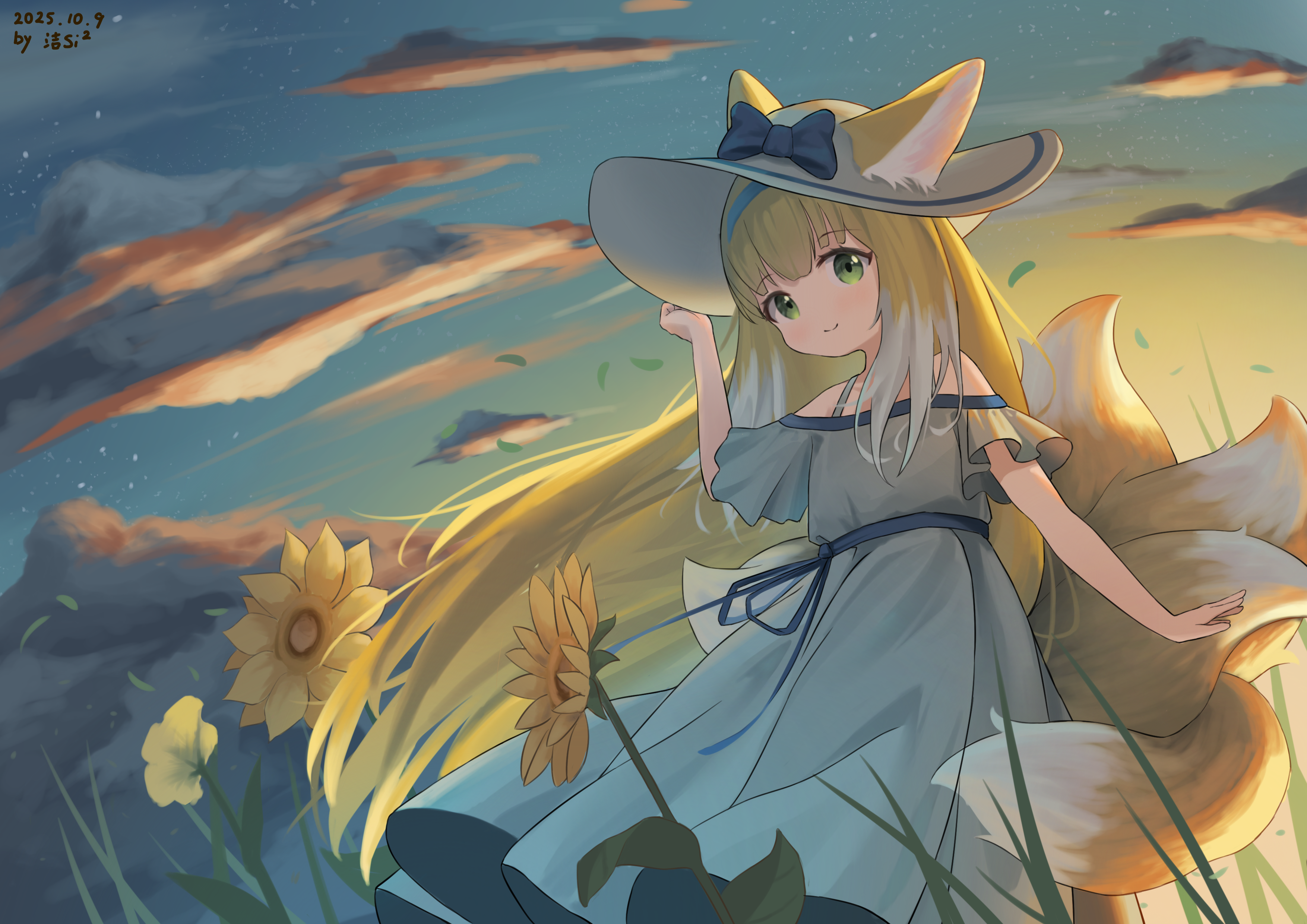 sisquare, suzuran (arknights), arknights, absurdres, chinese commentary, commentary request, highres, 1girl, alternate costume, animal ears, artist name, bare shoulders, blonde hair, closed mouth, colored tips, dated, dress, ears through headwear, flower, fox ears, fox girl, fox tail, green eyes, hat, kitsune, kyuubi, long hair, multicolored hair, multiple tails, off-shoulder dress, off shoulder, outdoors, sky, smile, solo, sun hat, sunflower, tail, two-tone hair, very long hair, white dress, white hair, yellow flower