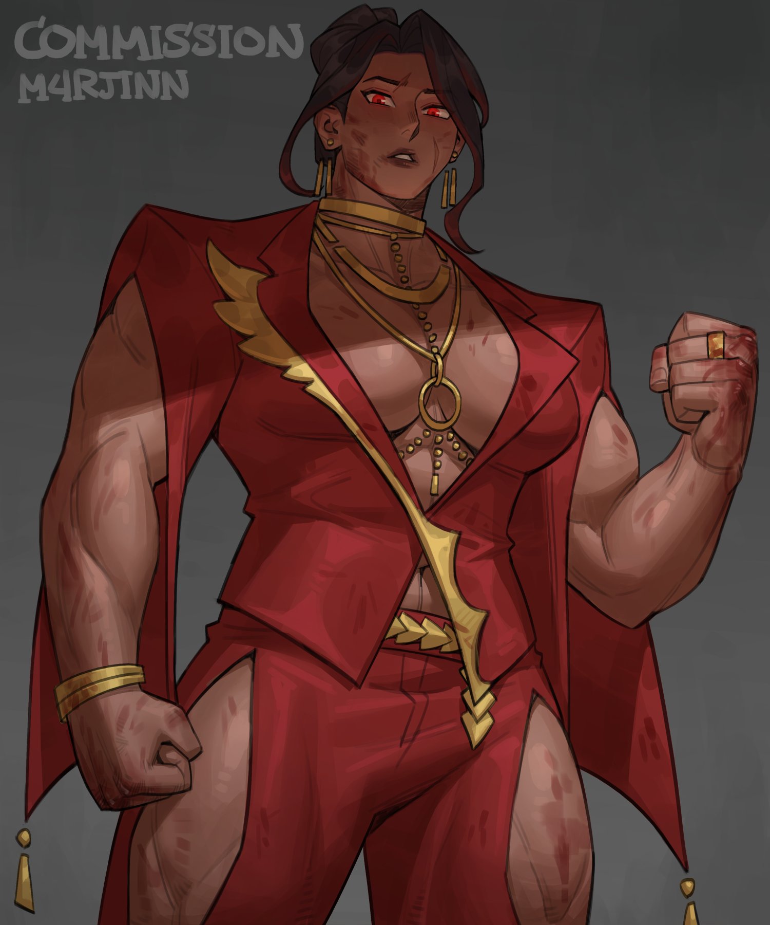 m4rjinn, original, commentary, commission, english commentary, highres, 1girl, abs, artist name, black hair, blood, blood on face, blood on hands, blood on leg, bracelet, breasts, clenched hands, clothing cutout, collarbone, cowboy shot, dark-skinned female, dark skin, earrings, facial scar, gold choker, gold necklace, grey background, hair bun, hand up, hip vent, jacket, jewelry, large breasts, lips, looking at viewer, looking down, medium hair, midriff peek, muscular, muscular female, navel, necklace, nose, pants, parted lips, red eyes, red jacket, red pants, ring, scar, scar across eyebrow, scar on cheek, scar on face, shaded face, solo, teeth