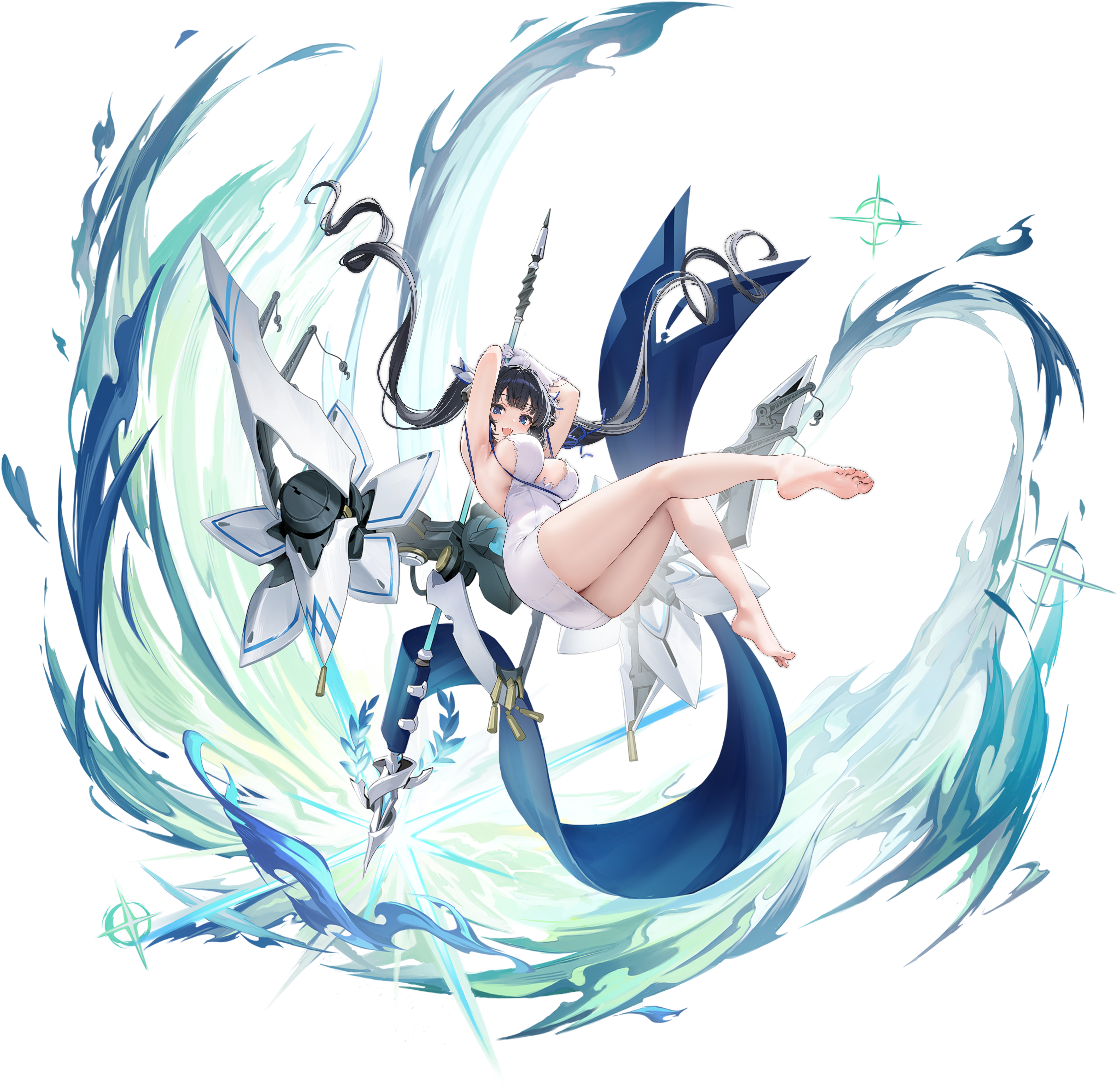 hestia (danmachi), azur lane, dungeon ni deai wo motomeru no wa machigatteiru darou ka, absurdres, artist request, highres, non-web source, official art, 1girl, armpits, arms up, barefoot, bell, black hair, blue eyes, blue ribbon, blush, breasts, crossover, dress, feet, floating hair, gloves, hair bell, hair ornament, holding, holding weapon, large breasts, legs, long hair, looking at viewer, machinery, open mouth, rei no himo, ribbon, sideboob, sleeveless, sleeveless dress, smile, soles, solo, teeth, thighs, toes, twintails, upper teeth only, weapon, white dress, white gloves