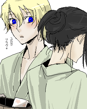 karl fei-ong, solomon goldsmith, blood+, lowres, 00s, 2boys, black hair, blonde hair, blue eyes, male focus, multiple boys, white background, yaoi