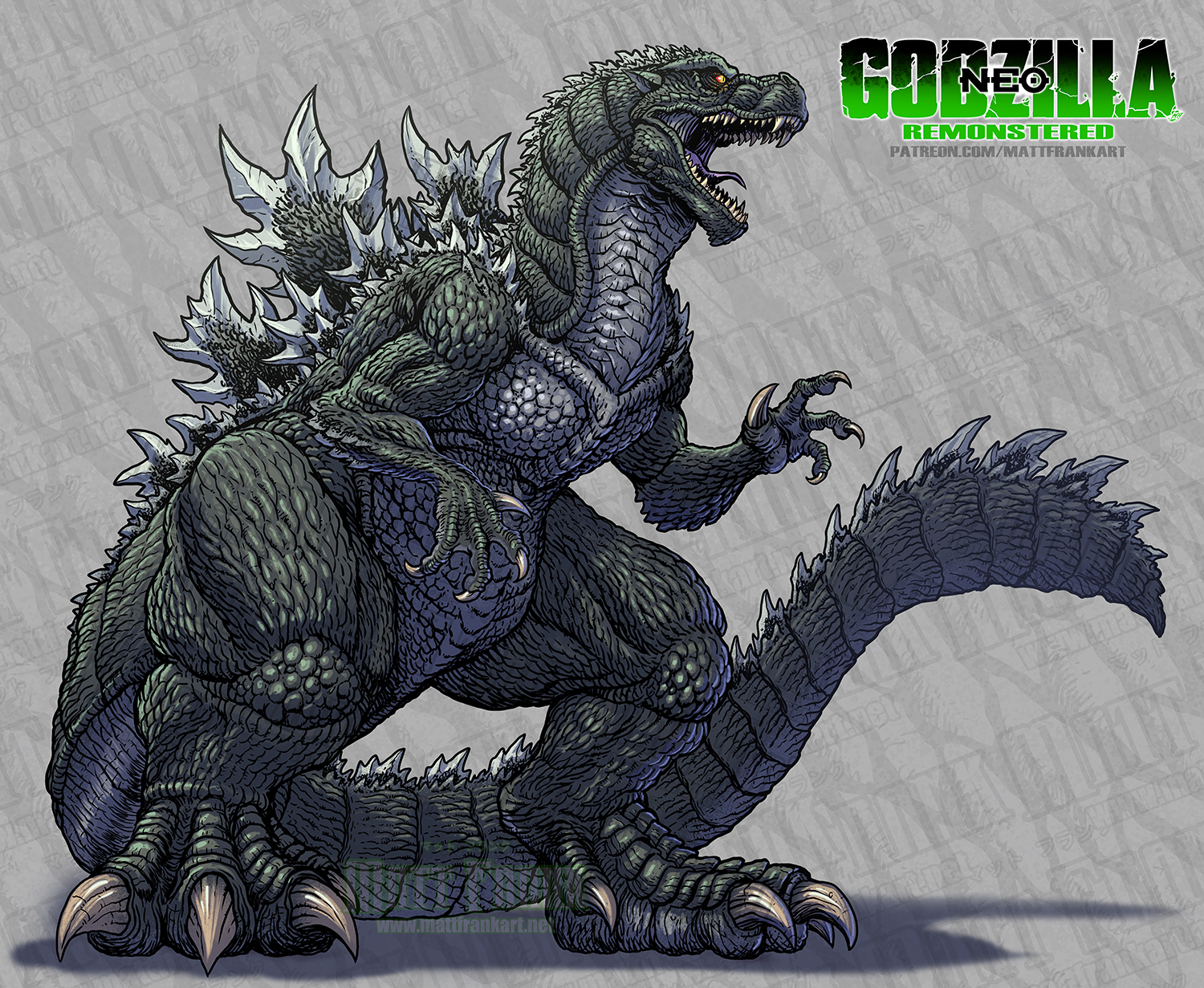 matt frank, godzilla, godzilla (series), highres, artist name, claws, elbow spikes, fangs, giant, giant monster, jaw, kaiju, long tail, monster, no humans, open mouth, scales, sharp teeth, spikes, spines, tail, teeth, watermark, web address, yellow eyes