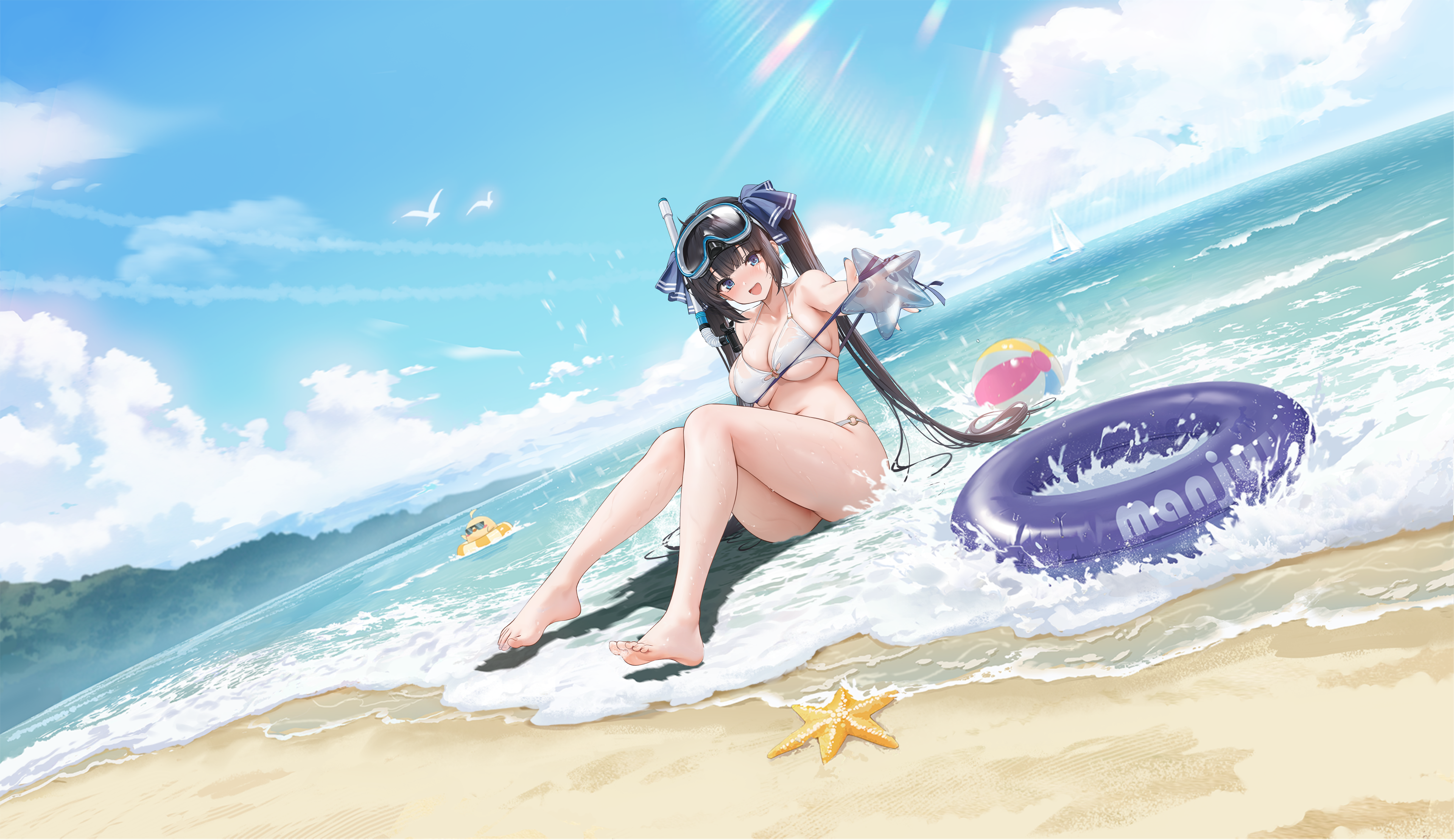 hestia (danmachi), manjuu (azur lane), azur lane, dungeon ni deai wo motomeru no wa machigatteiru darou ka, absurdres, artist request, highres, non-web source, official art, 1girl, ahoge, ball, barefoot, beachball, bikini, bird, black hair, blue eyes, blue nails, blue ribbon, blue sky, boat, breasts, cloud, collarbone, crossover, diving mask, diving mask on head, feet, foreshortening, goggles, goggles on head, hair ribbon, hestia (godly vacation!) (danmachi), horizon, knees up, large breasts, long hair, looking at viewer, nail polish, navel, o-ring, o-ring bikini, ocean, official alternate costume, open mouth, outdoors, outstretched arm, rei no himo, ribbon, sailboat, sitting, skindentation, sky, smile, snorkel, starfish, swim ring, swimsuit, thighs, twintails, underboob, very long hair, water, watercraft, wet