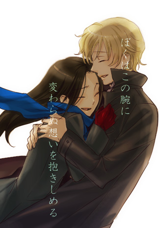 karl fei-ong, solomon goldsmith, blood+, lowres, translation request, 00s, 2boys, blonde hair, brown hair, gloves, hug, long hair, male focus, multiple boys, white background, yaoi