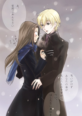 karl fei-ong, solomon goldsmith, blood+, lowres, translation request, 00s, 2boys, blonde hair, brown hair, long hair, male focus, multiple boys, outdoors, sky, yaoi