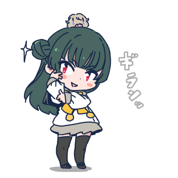 shinanoya (satanicad), tsushima yoshiko, watanabe you, love live!, love live! sunshine!!, commentary, 2girls, black hair, black shoes, black thighhighs, blush stickers, bow, bowtie, buttons, chibi, chibi only, chuunibyou, double-breasted, grey sailor collar, grey skirt, hair bun, long hair, long sleeves, looking at viewer, miniskirt, multiple girls, open mouth, pleated skirt, red eyes, sailor collar, school uniform, serafuku, shoes, single hair bun, skirt, thighhighs, uranohoshi school uniform, v-shaped eyebrows, winter uniform, yellow bow, yellow bowtie, zettai ryouiki, | |