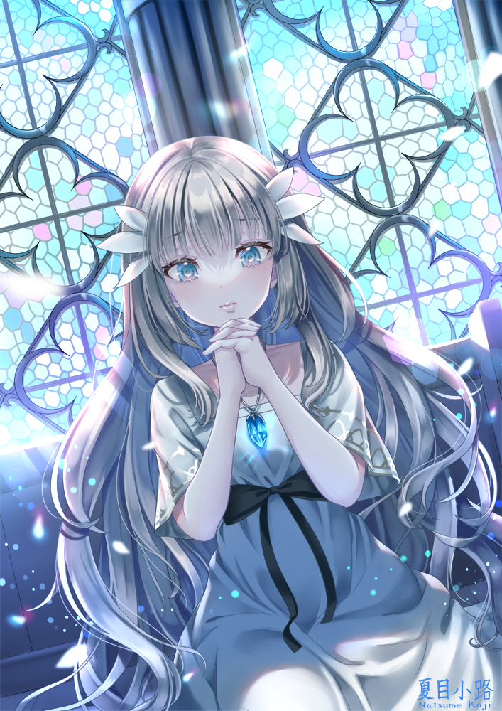 natsume koji, lily (ender lilies), ender lilies quietus of the knights, commentary request, making-of available, 1girl, artist name, black ribbon, blue eyes, closed mouth, crystal, dress, dutch angle, grey hair, hair ornament, indoors, jewelry, long hair, looking at viewer, own hands clasped, own hands together, pendant, pillar, praying, ribbon, short hair, short sleeves, solo, stained glass, very long hair, wavy hair, white dress, window