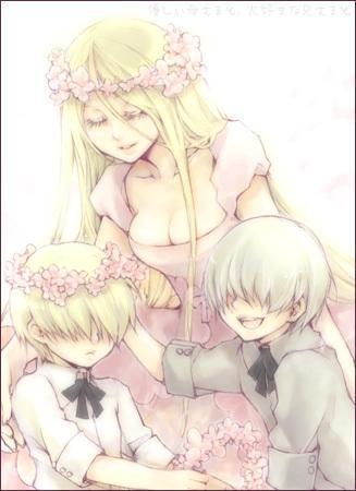 silver hair, lowres, 1girl, 2boys, blonde hair, breasts, circlet, crown, dress, flower, head wreath, long hair, multiple boys, plant, short hair, upper body, white background