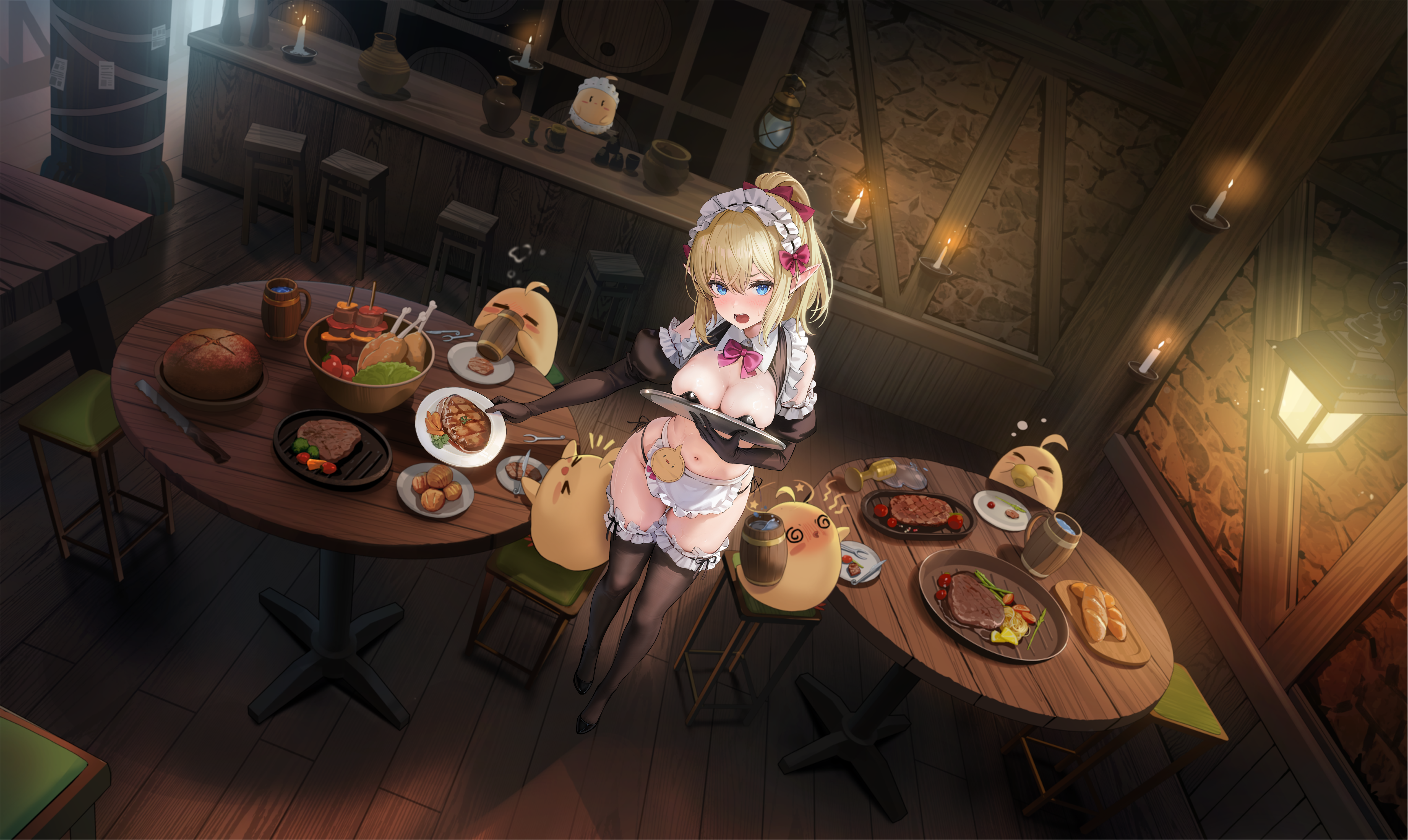 ryu lion, azur lane, dungeon ni deai wo motomeru no wa machigatteiru darou ka, absurdres, artist request, highres, non-web source, official art, 1girl, :o, apron, bare shoulders, bikini, black bikini, black bra, black gloves, black panties, blonde hair, blue eyes, blush, bra, breasts, cleavage, elbow gloves, embarrassed, food, frilled thighhighs, frills, from above, full body, gloves, hair between eyes, hip focus, holding, holding tray, indoors, legs, looking at viewer, looking up, maid headdress, medium breasts, medium hair, navel, official alternate costume, panties, ponytail, ryu lion (night at the pub), shrug (clothing), side-tie bikini bottom, side-tie panties, solo, standing, stomach, swimsuit, tavern, thighhighs, thighs, tray, underwear, waist apron