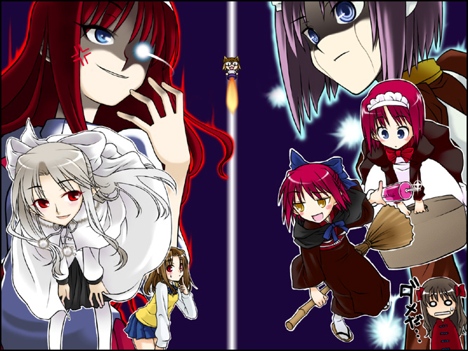 nimiya, arima miyako, hisui (tsukihime), kohaku (tsukihime), mecha hisui, neco-arc, tohno akiha, white len (tsukihime), yumizuka satsuki, melty blood, tsukihime, type-moon, 00s, 6+girls, bent over, blue eyes, box, brown hair, evil smile, frills, full body, glowing, glowing eyes, looking at viewer, maid headdress, mask, multiple girls, parted lips, pointy ears, red eyes, shaded face, siblings, sidelocks, sisters, smile, split screen, twins, upper body, wavy hair